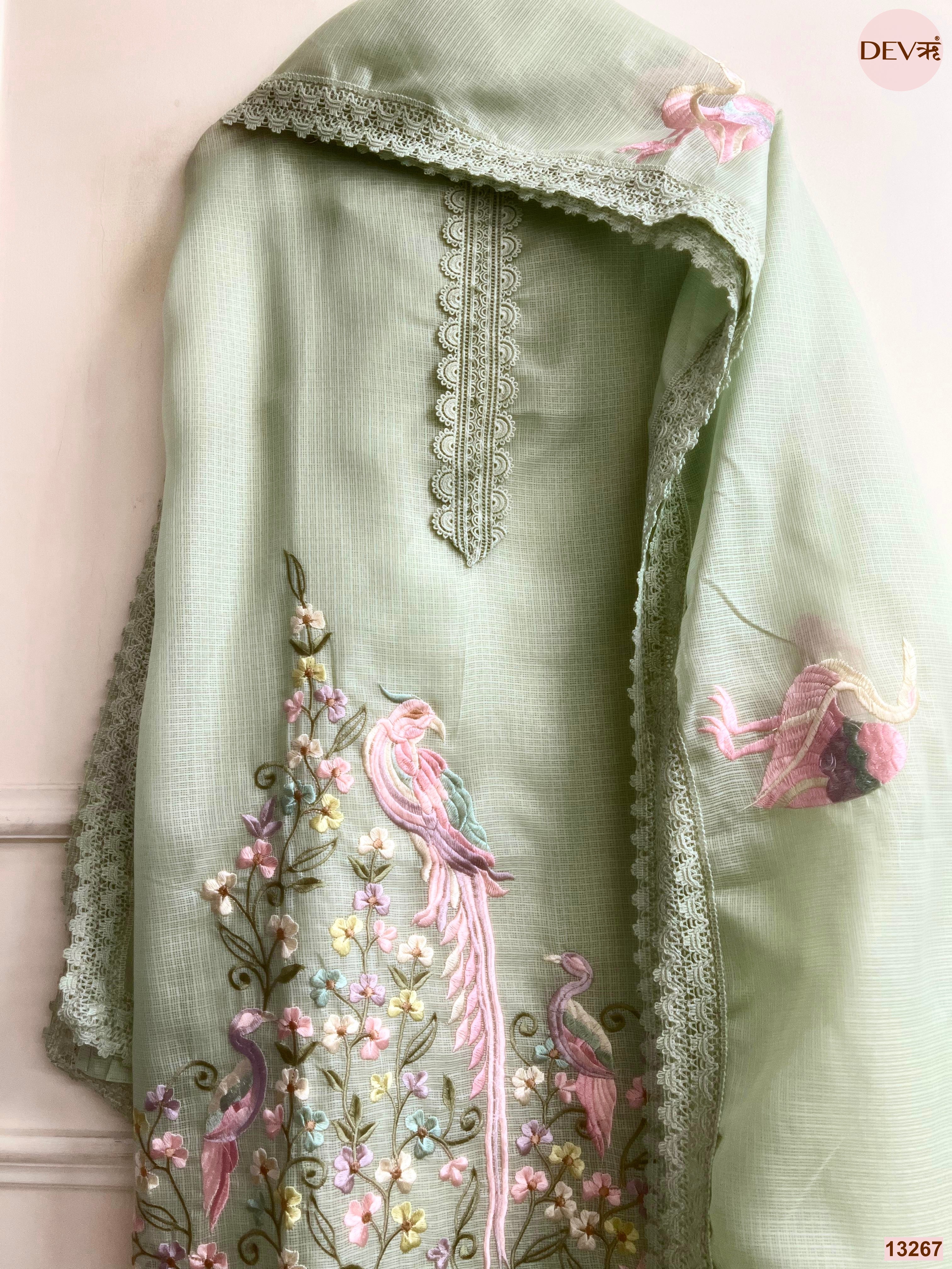 Sage Green Kota Cotton Embroidered Unstitched 3-Piece Suit (Devri – D.No 13267)