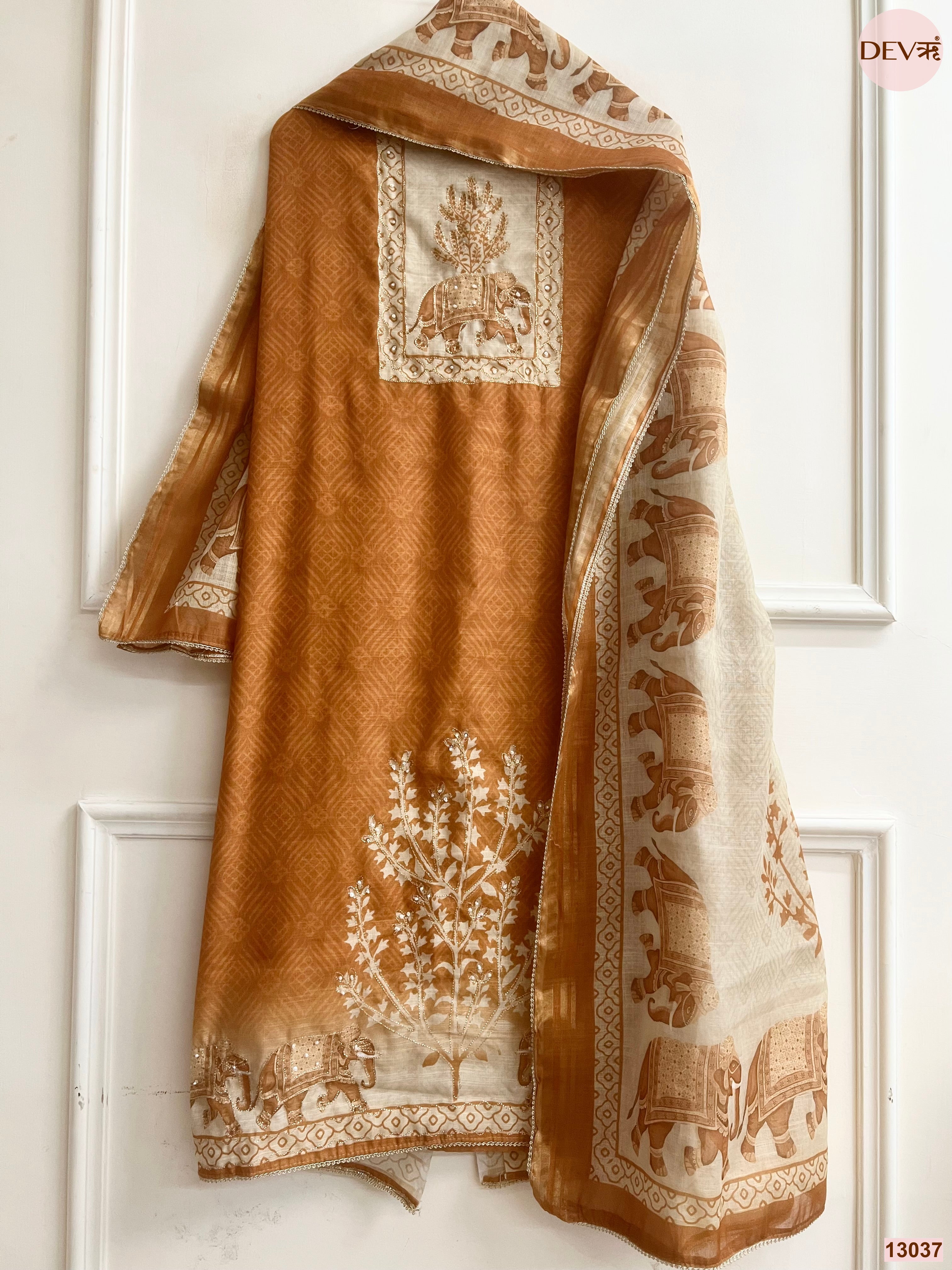 Mustard Linen Cotton Printed Unstitched 3-Piece Suit (Devri – D.No 13037)