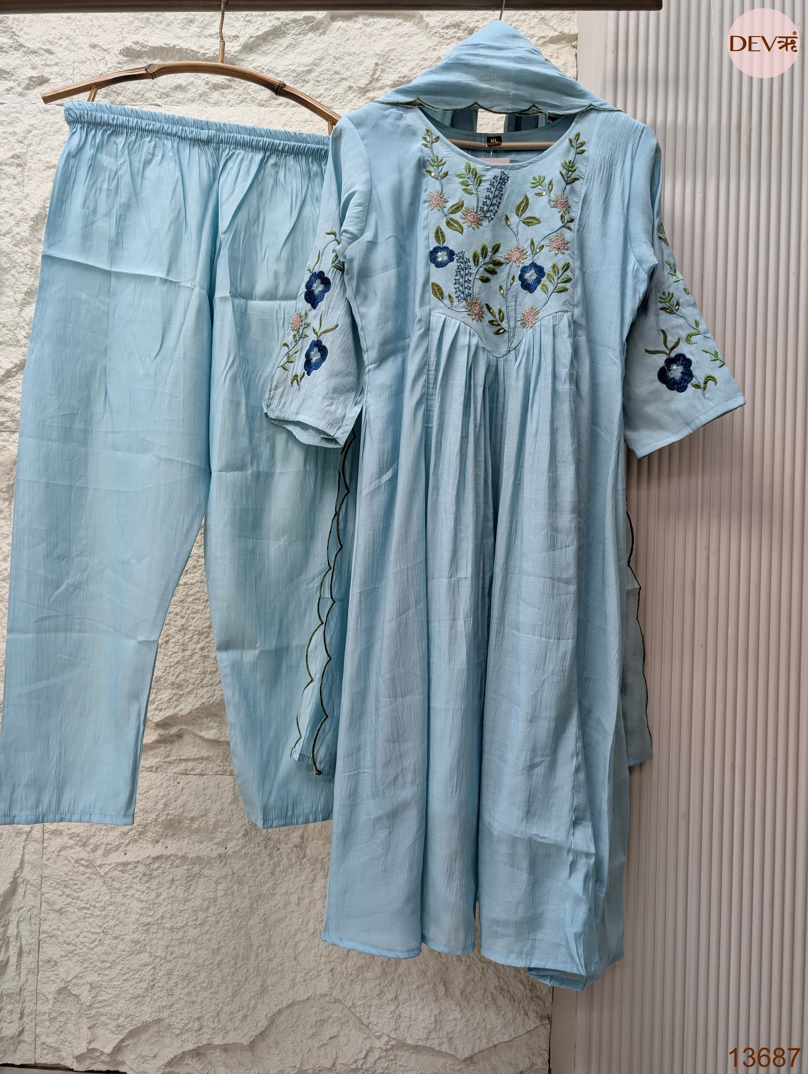 Gulnaar Mul Chanderi Embroidered Sky Blue 3-Piece Set (Devri – D.No 13687)