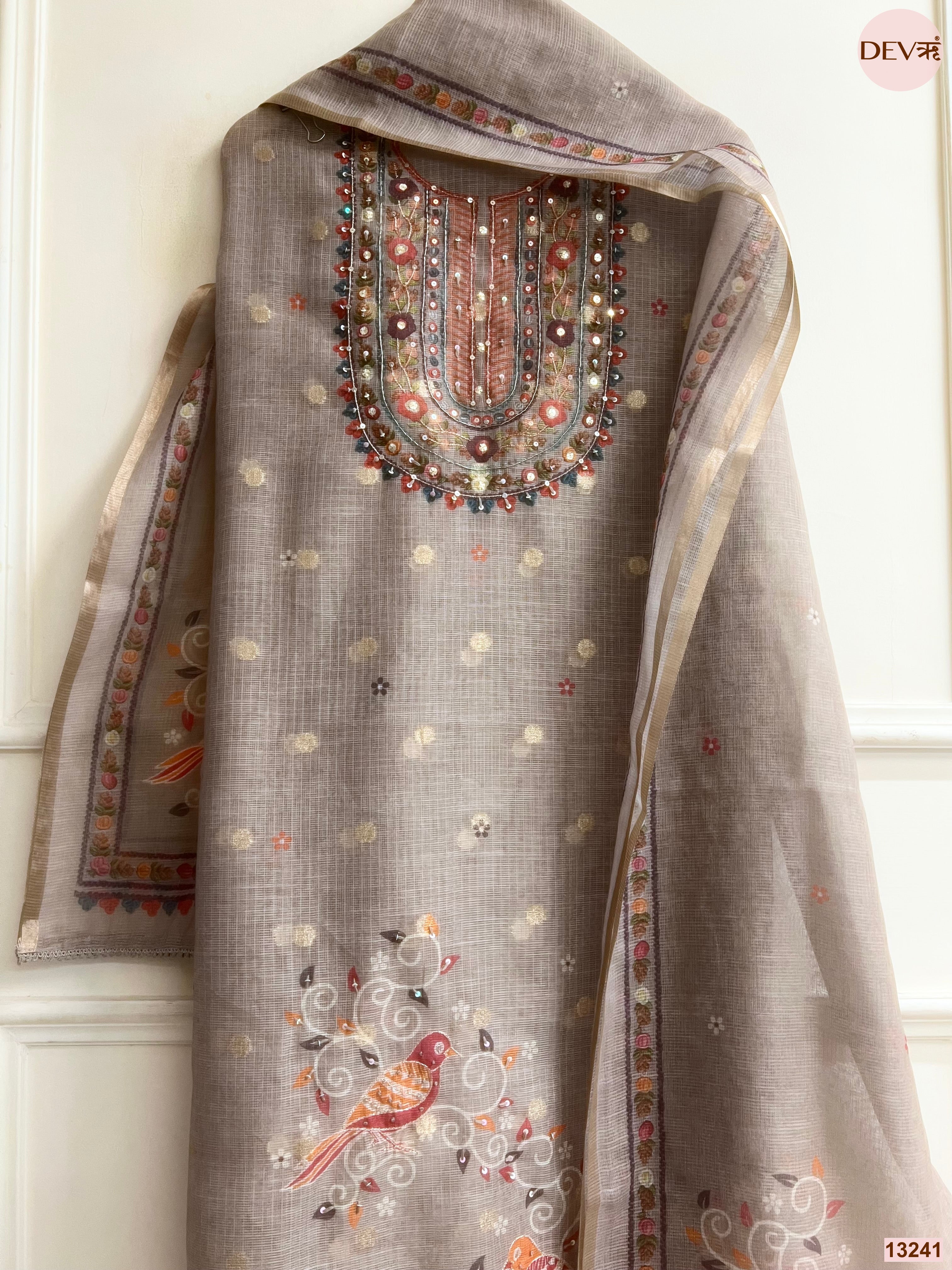 Taupe Kota Printed Unstitched 3-Piece Suit (Devri – D.No 13241)