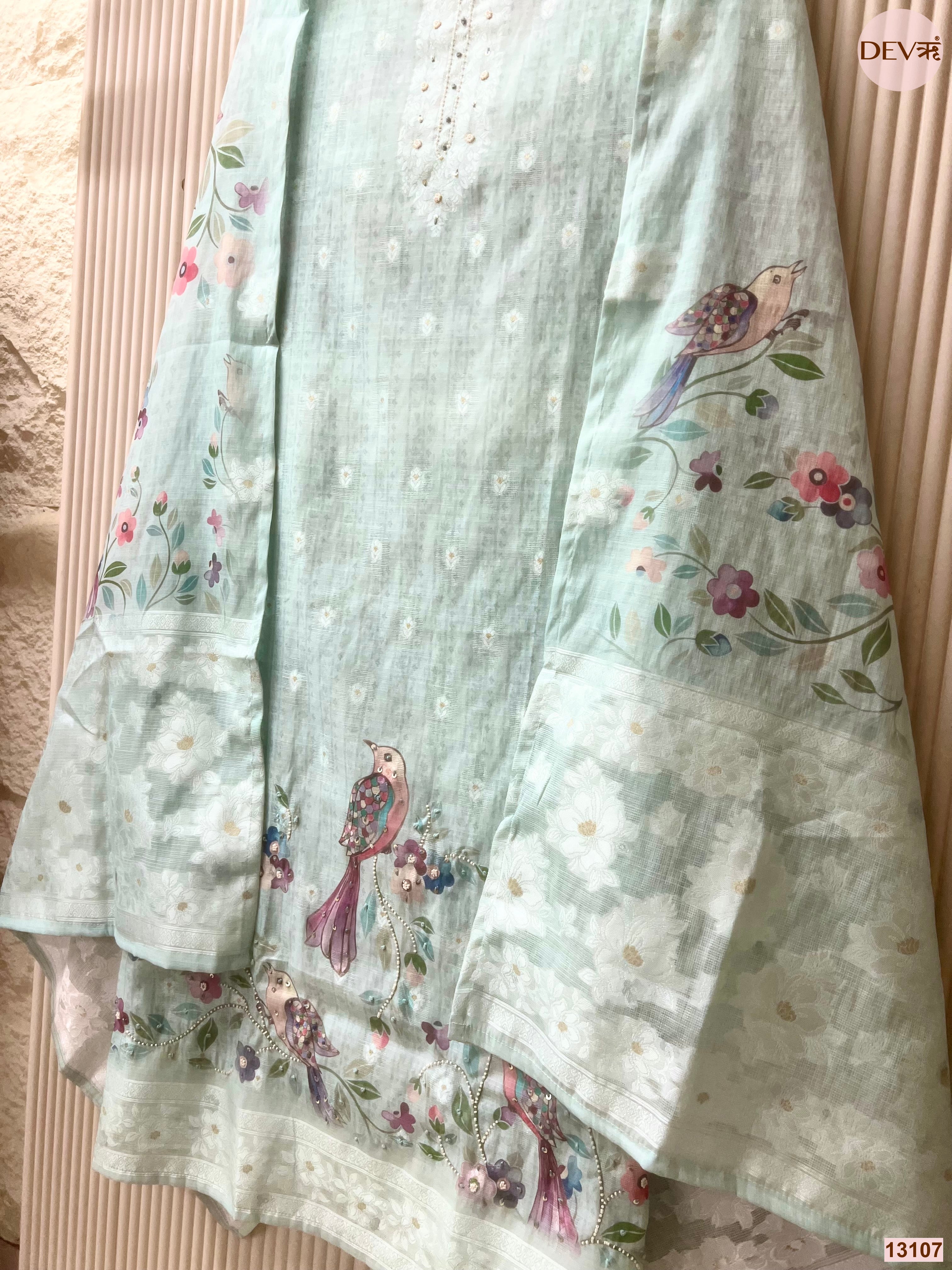 Aqua Linen Cotton Printed Unstitched 3-Piece Suit (Devri – D.No 13107)