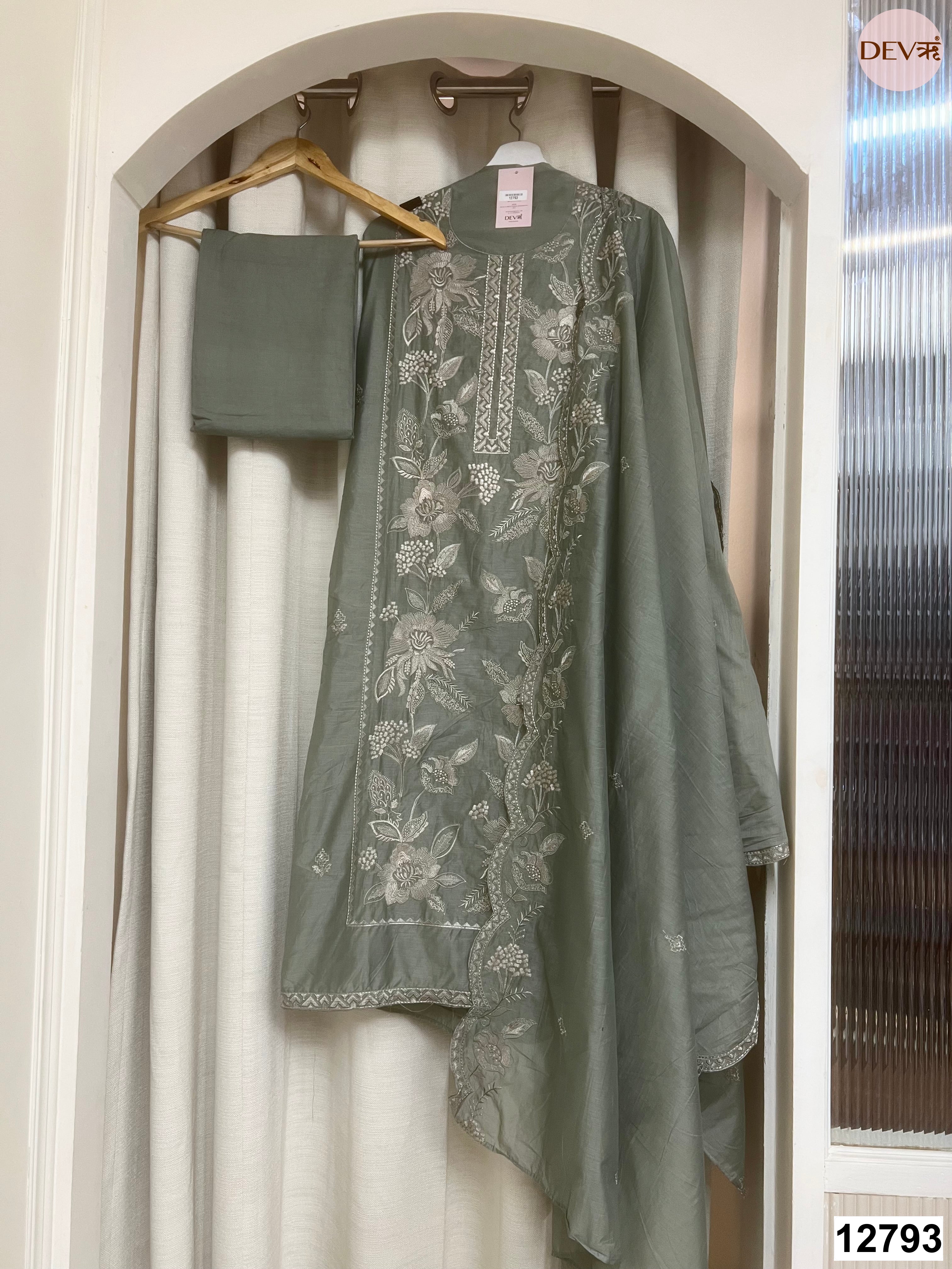 Olive Mul Chanderi Embroidered Unstitched 3-Piece Suit (Devri – D.No 12793)
