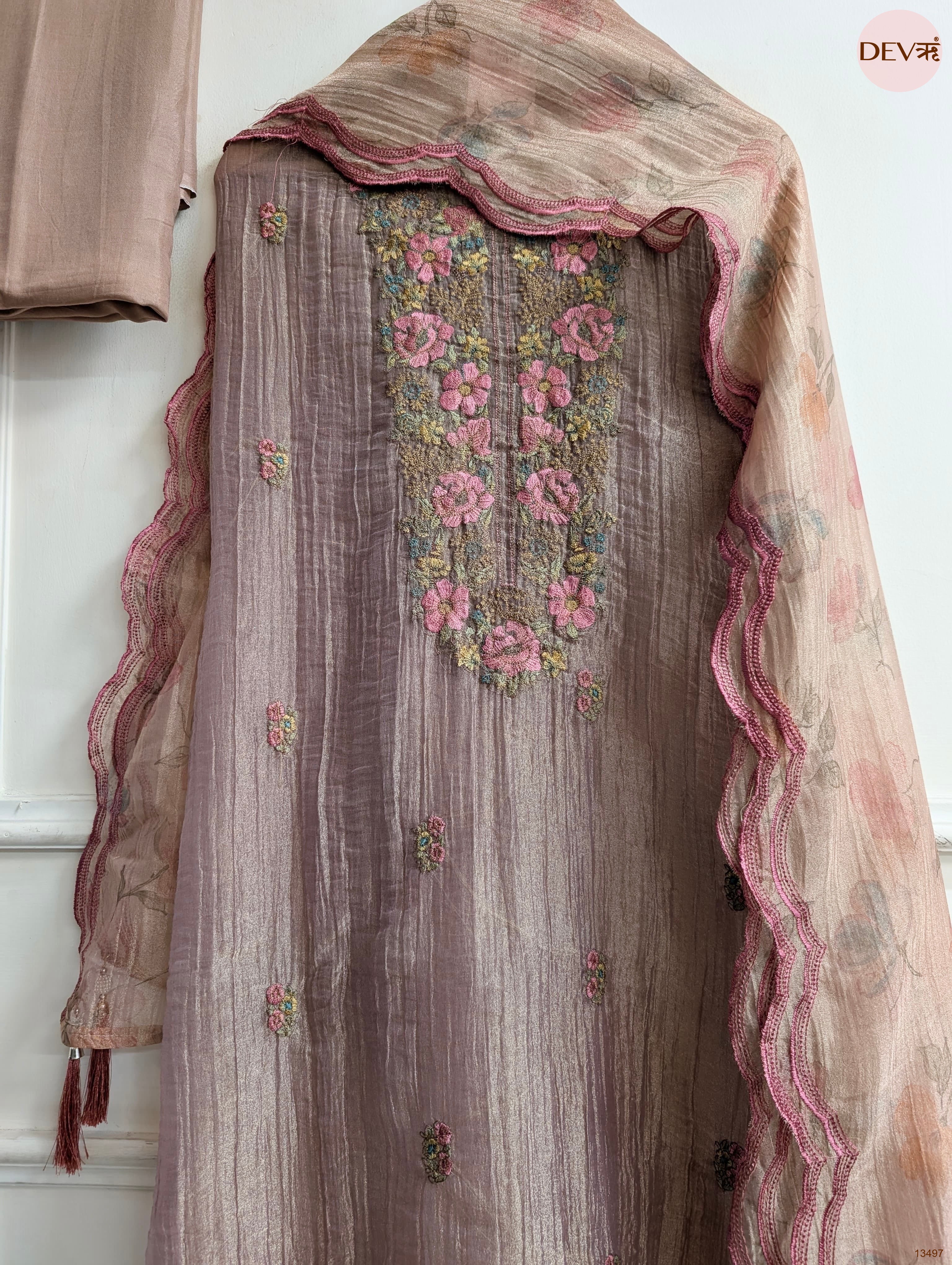Taupe Tissue Crush Silk Embroidered Unstitched 3-Piece Suit (Devri – D.No 13497)