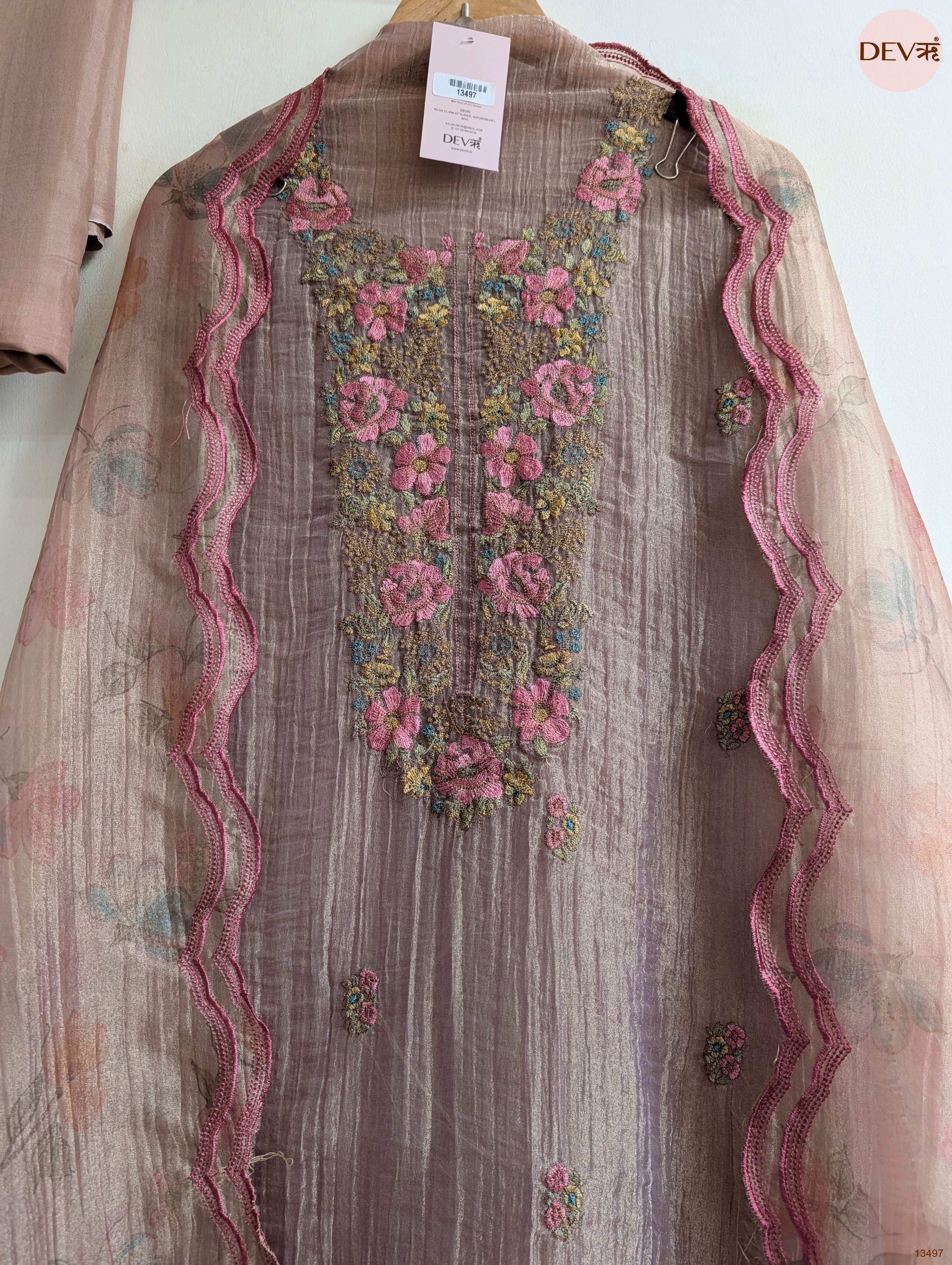 Taupe Tissue Crush Silk Embroidered Unstitched 3-Piece Suit (Devri – D.No 13497)