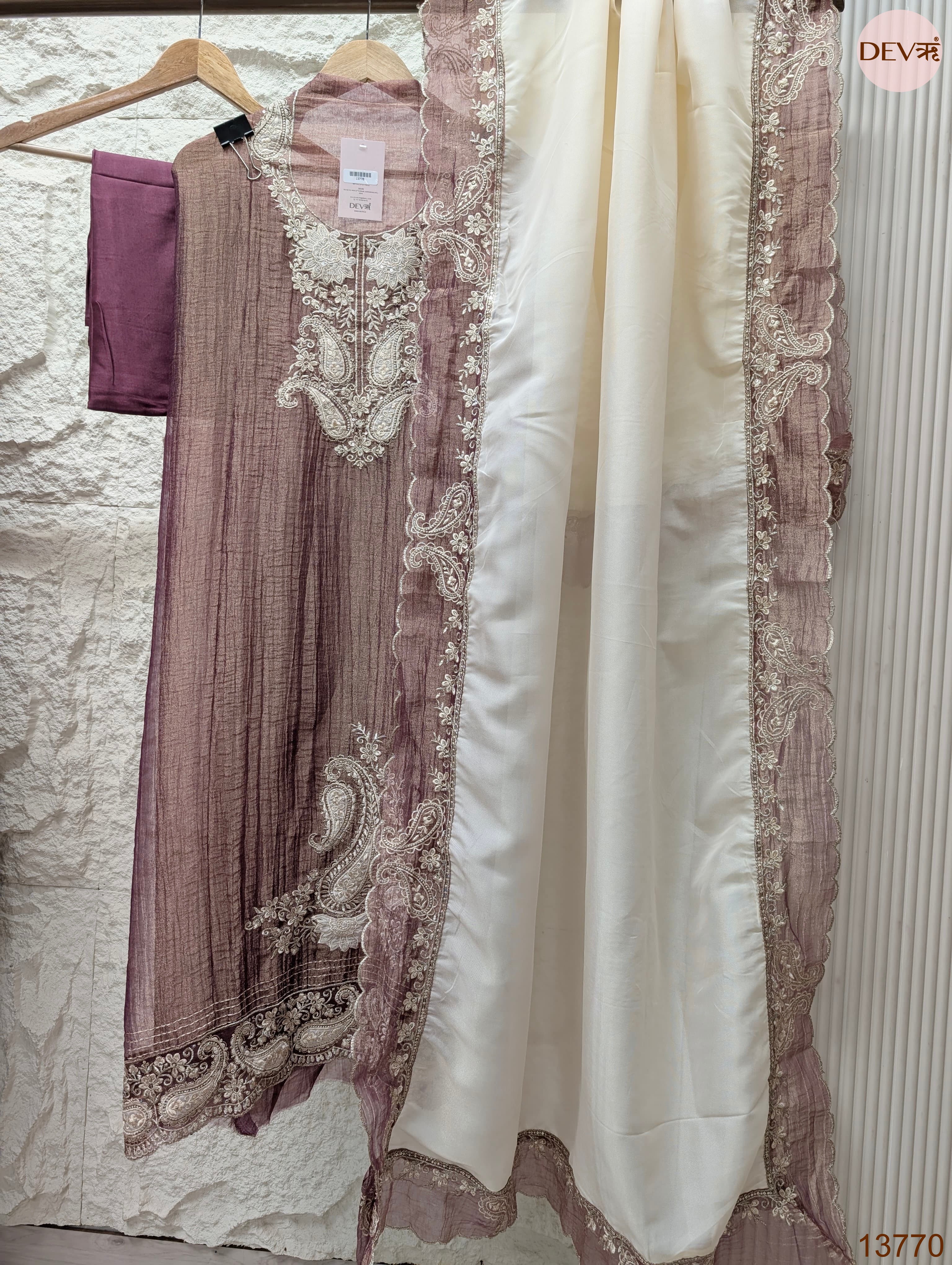 Mauve Pure Tissue Silk Embroidered Unstitched 3-Piece Suit (Devri – D.No 13770)