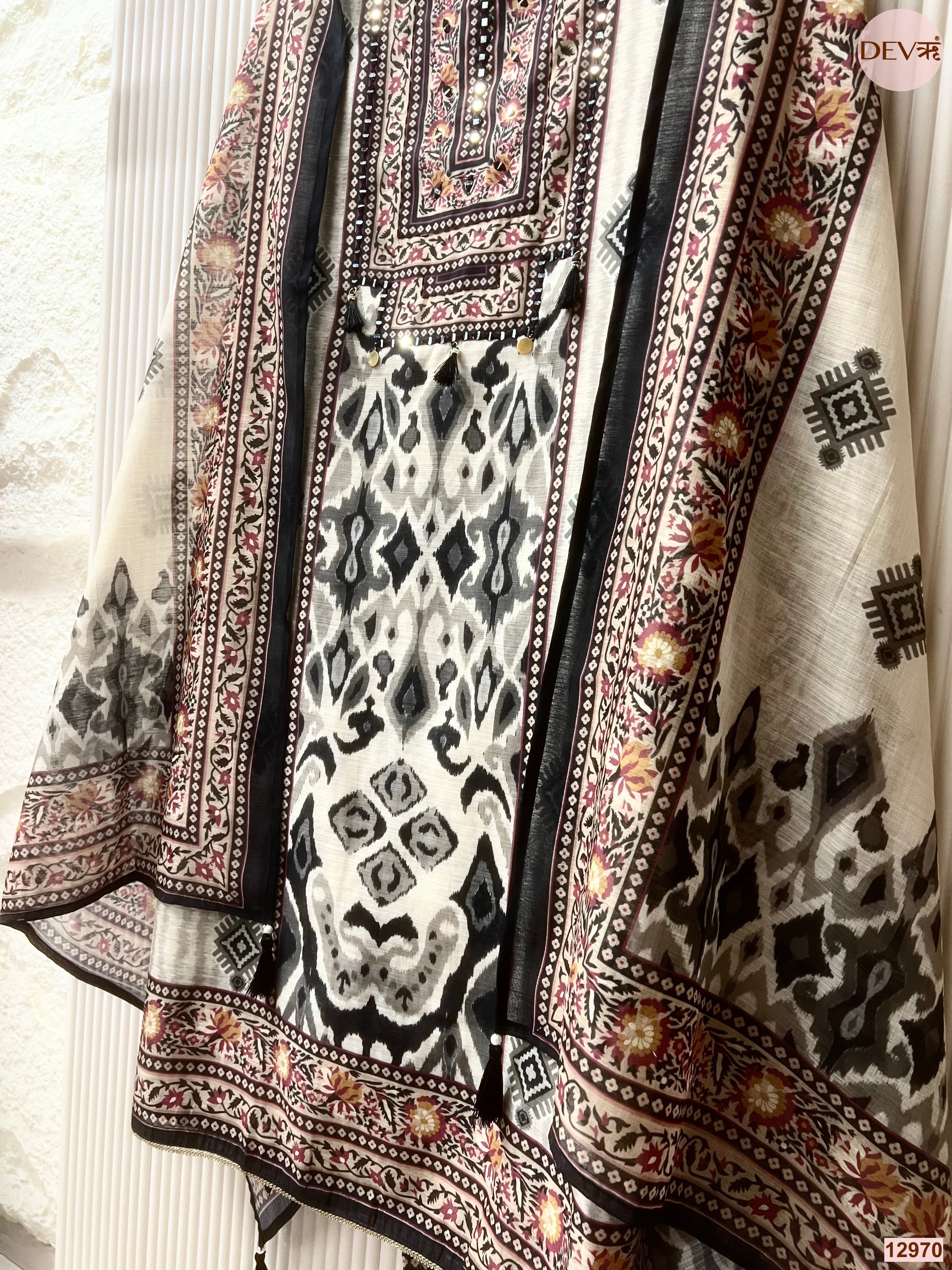 Off White Linen Cotton Printed Unstitched 3-Piece Suit (Devri – D.No 12970)