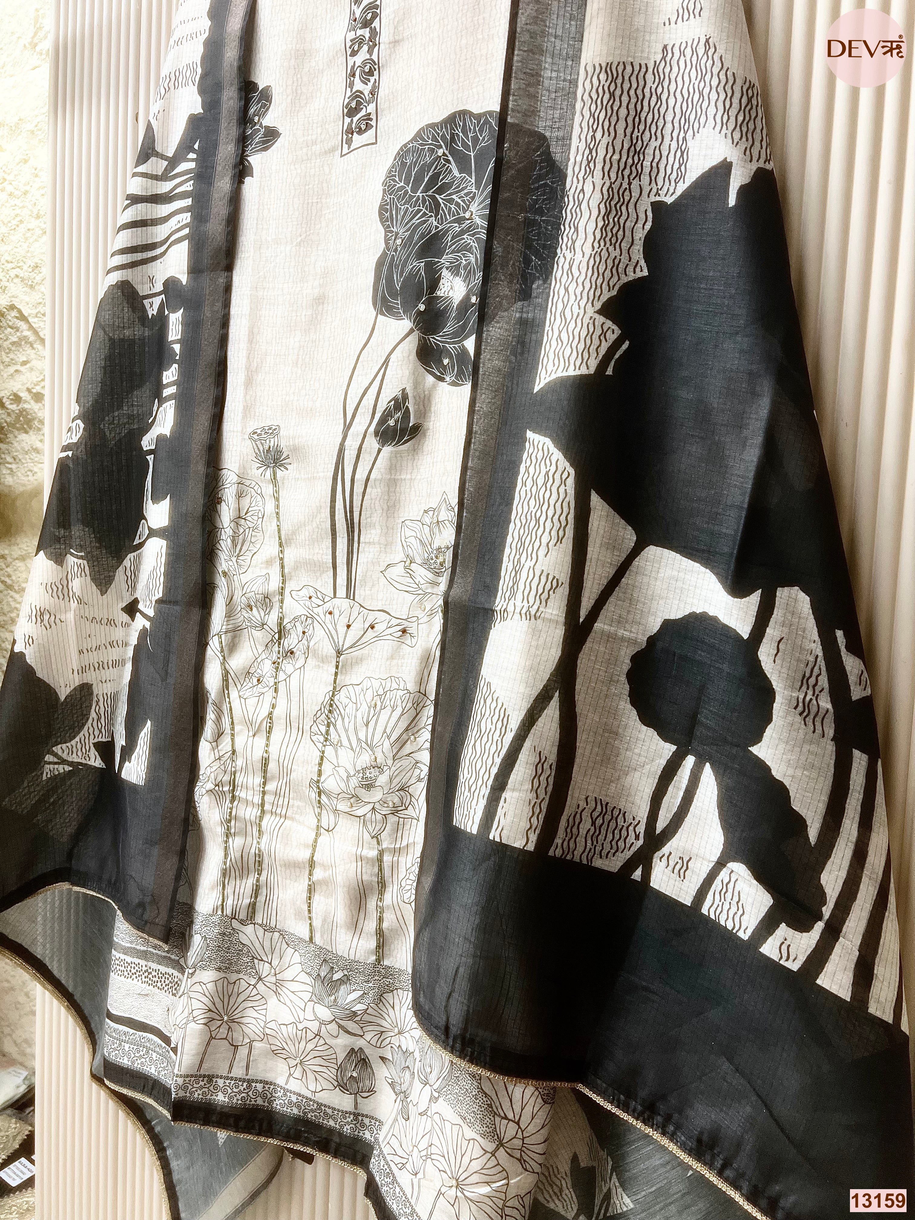 White Mul Chanderi Printed Unstitched 3-Piece Suit (Devri – D.No 13159)