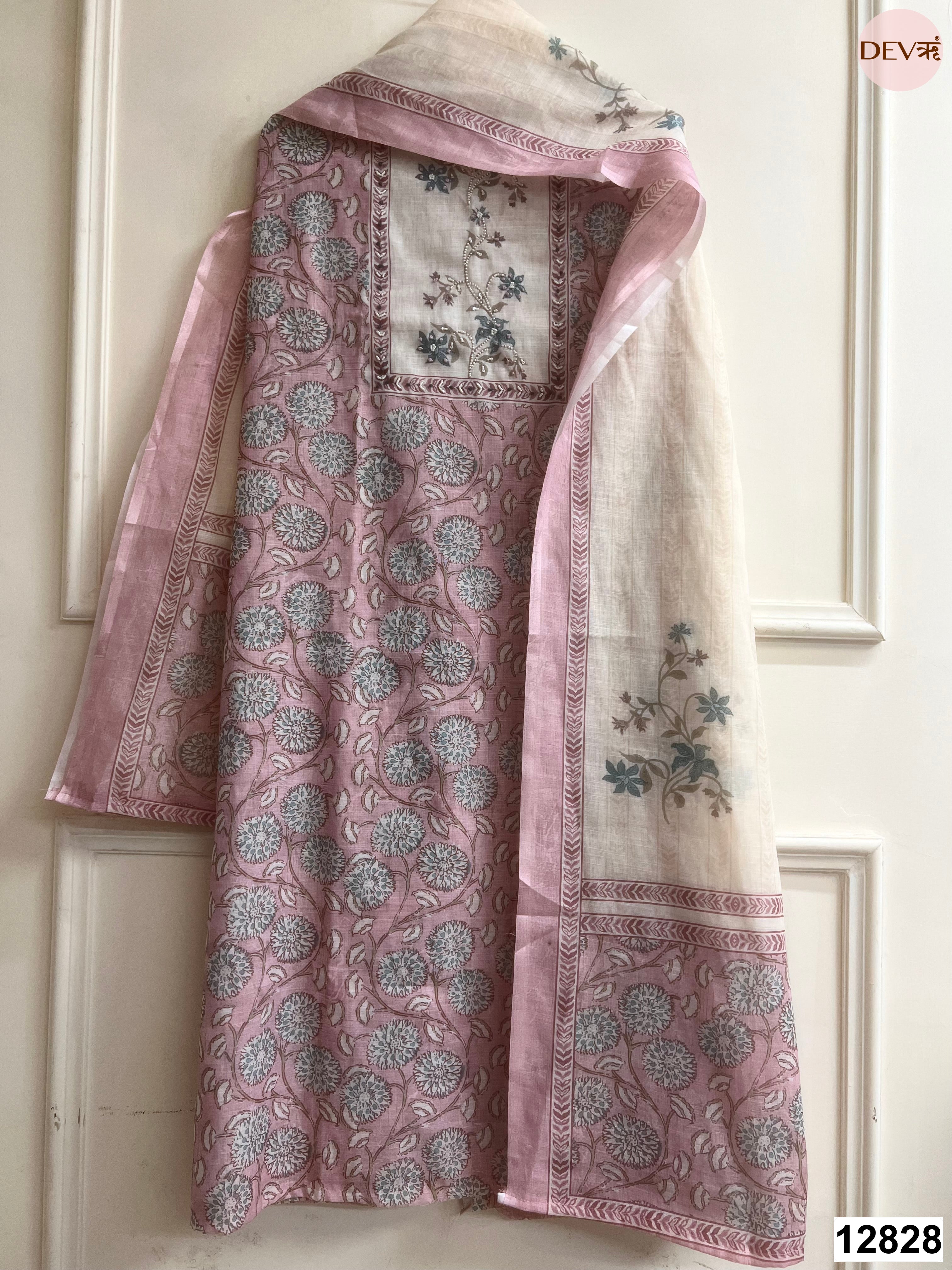 Pink Linen Cotton Printed Unstitched 3-Piece Suit (Devri – D.No 12828)