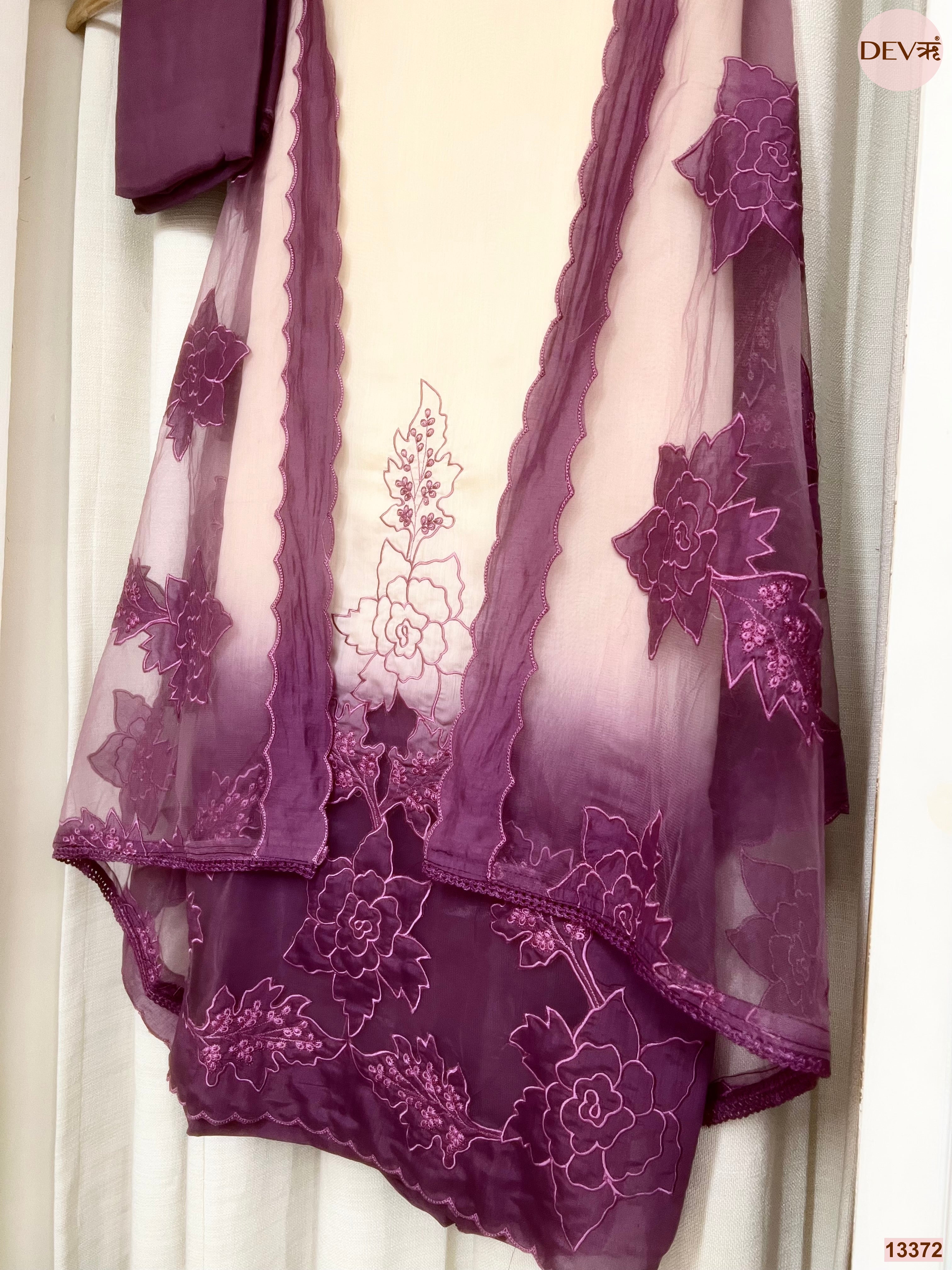 Purple Mul Chanderi Embroidered Unstitched 3-Piece Suit (Devri – D.No 13372)