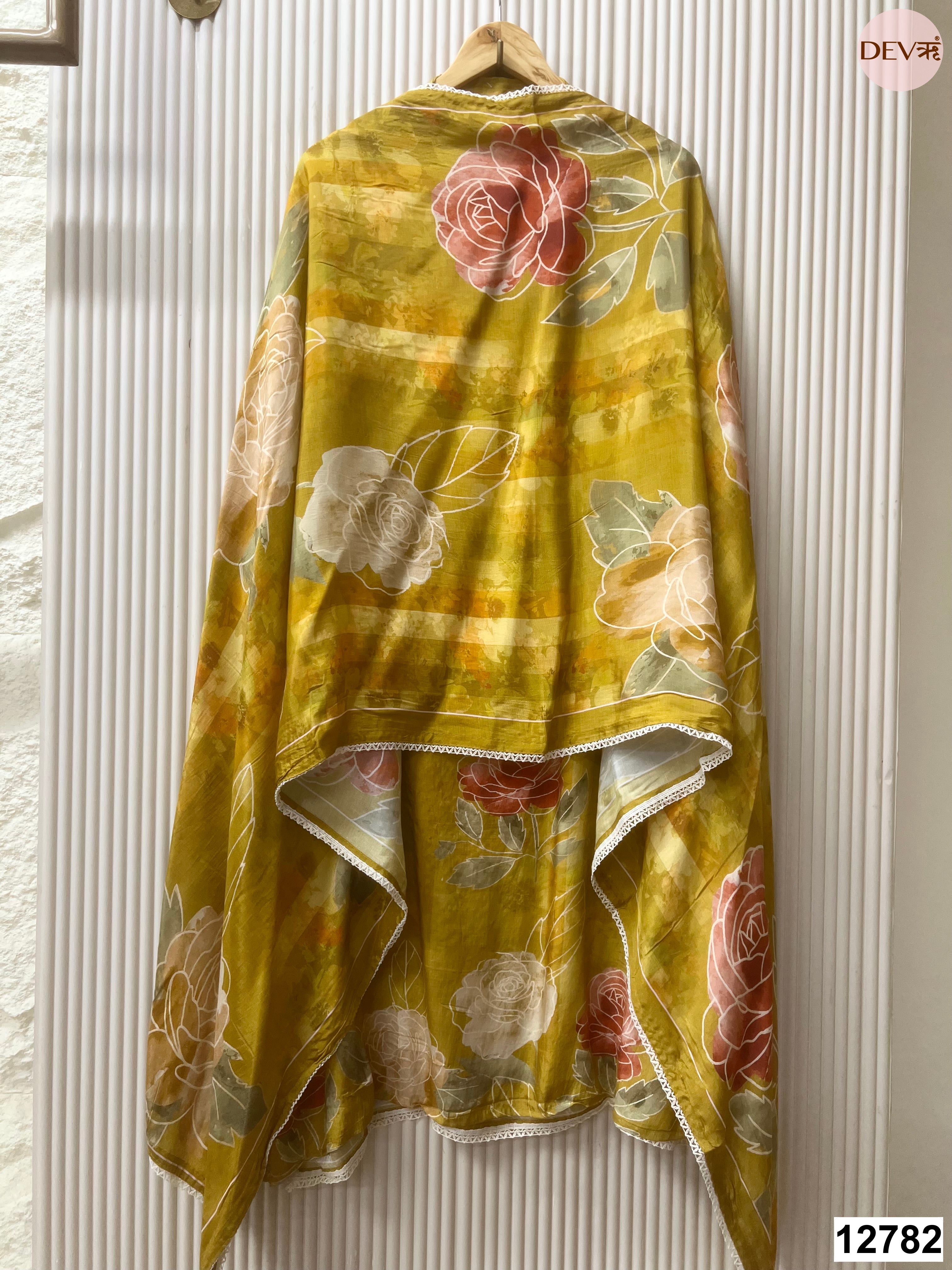 Mustard Muslin Printed Unstitched 3-Piece Suit (Devri – D.No 12782)