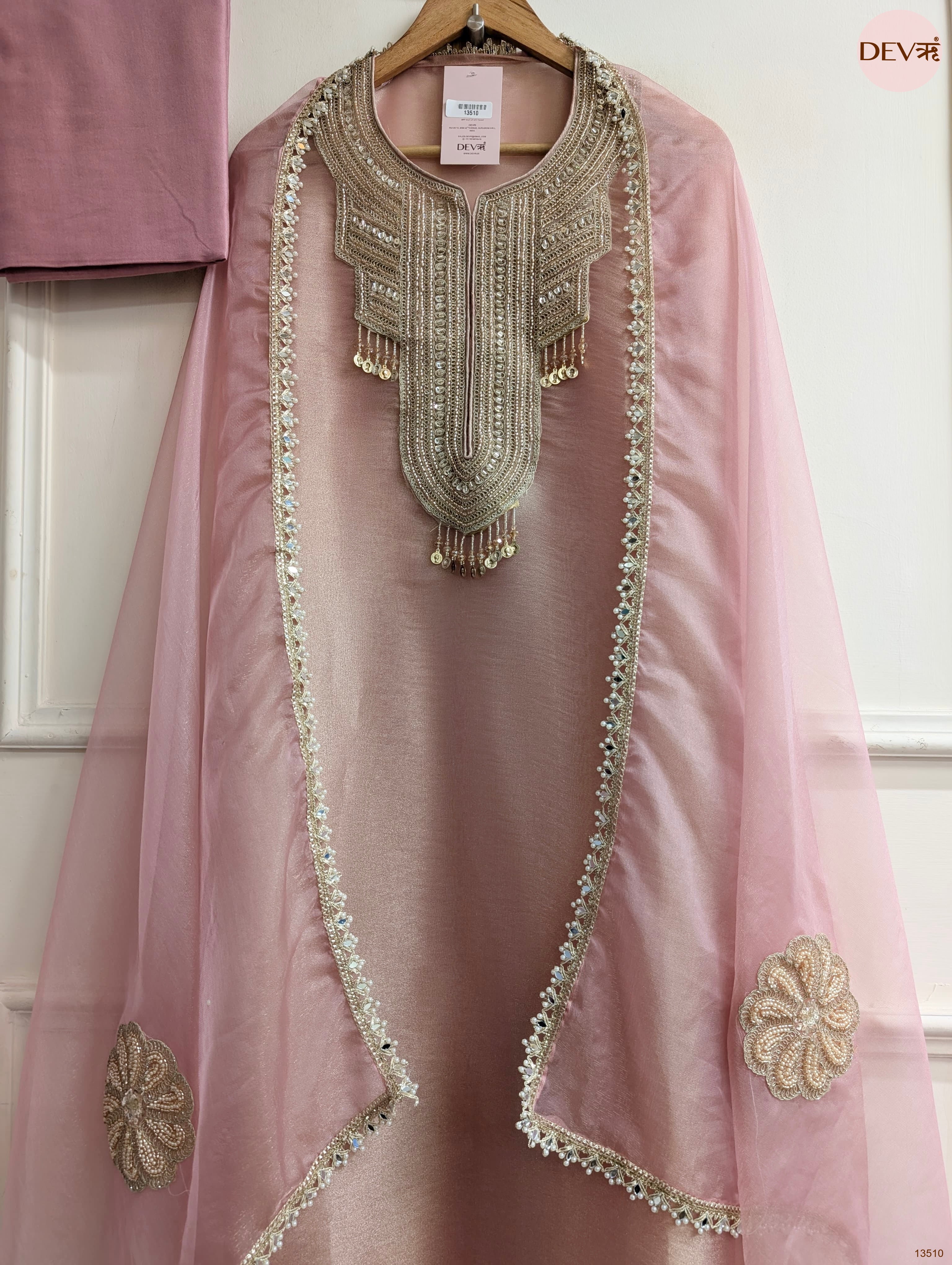 Pink Tissue Silk Hand Unstitched 3-Piece Suit (Devri – D.No 13510)