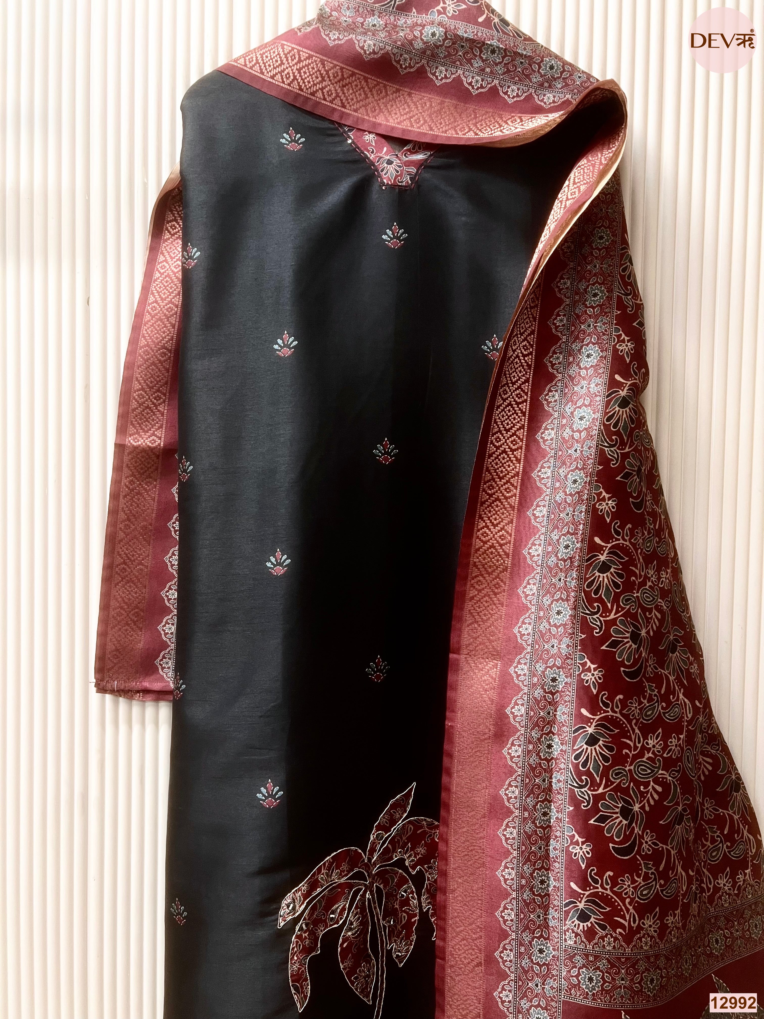 Black Raw Silk Printed Unstitched 3-Piece Suit (Devri – D.No 12992)