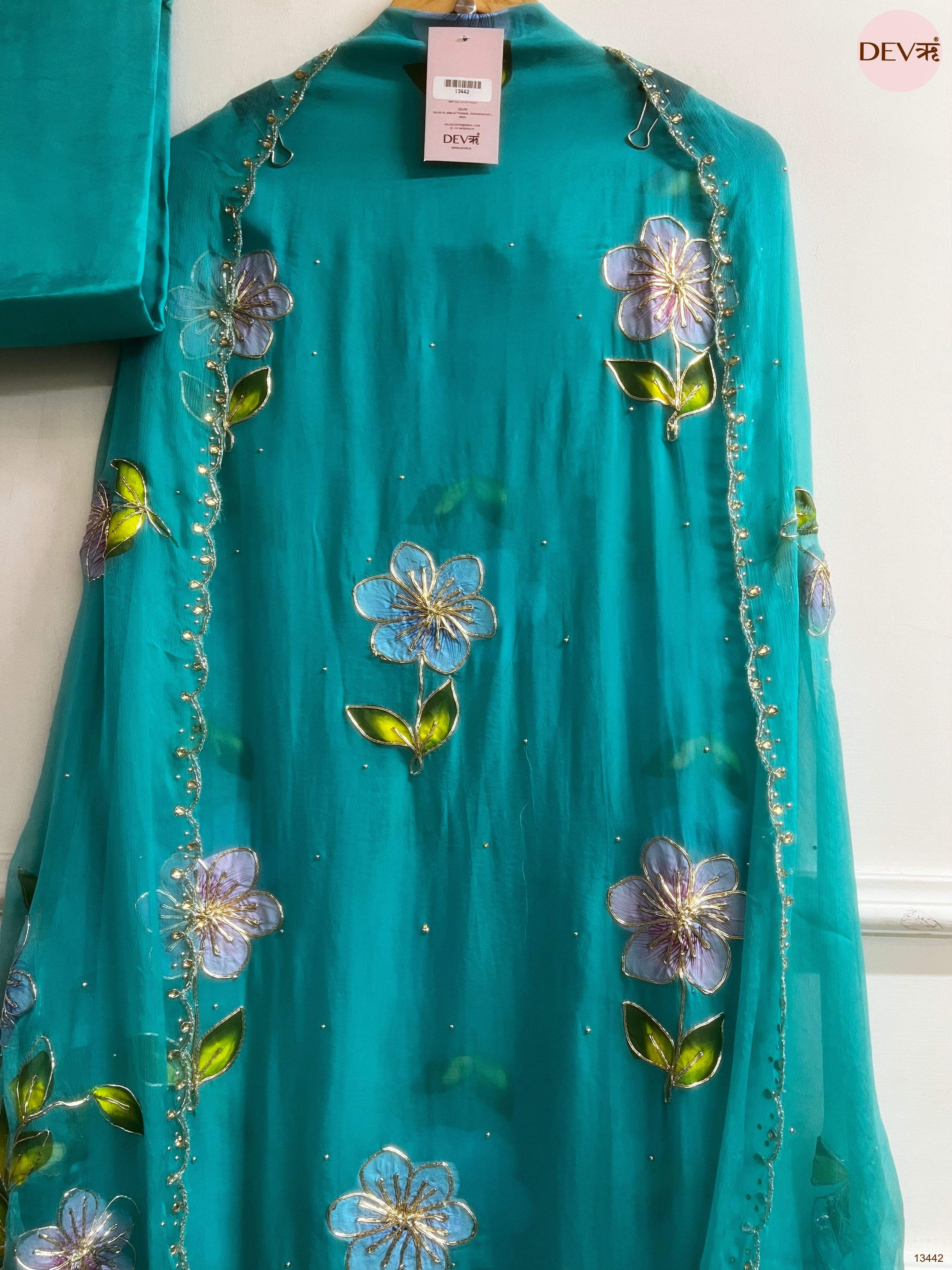Teal viscose organza Embroidered Unstitched 3-Piece Suit (Devri – D.No 13442)
