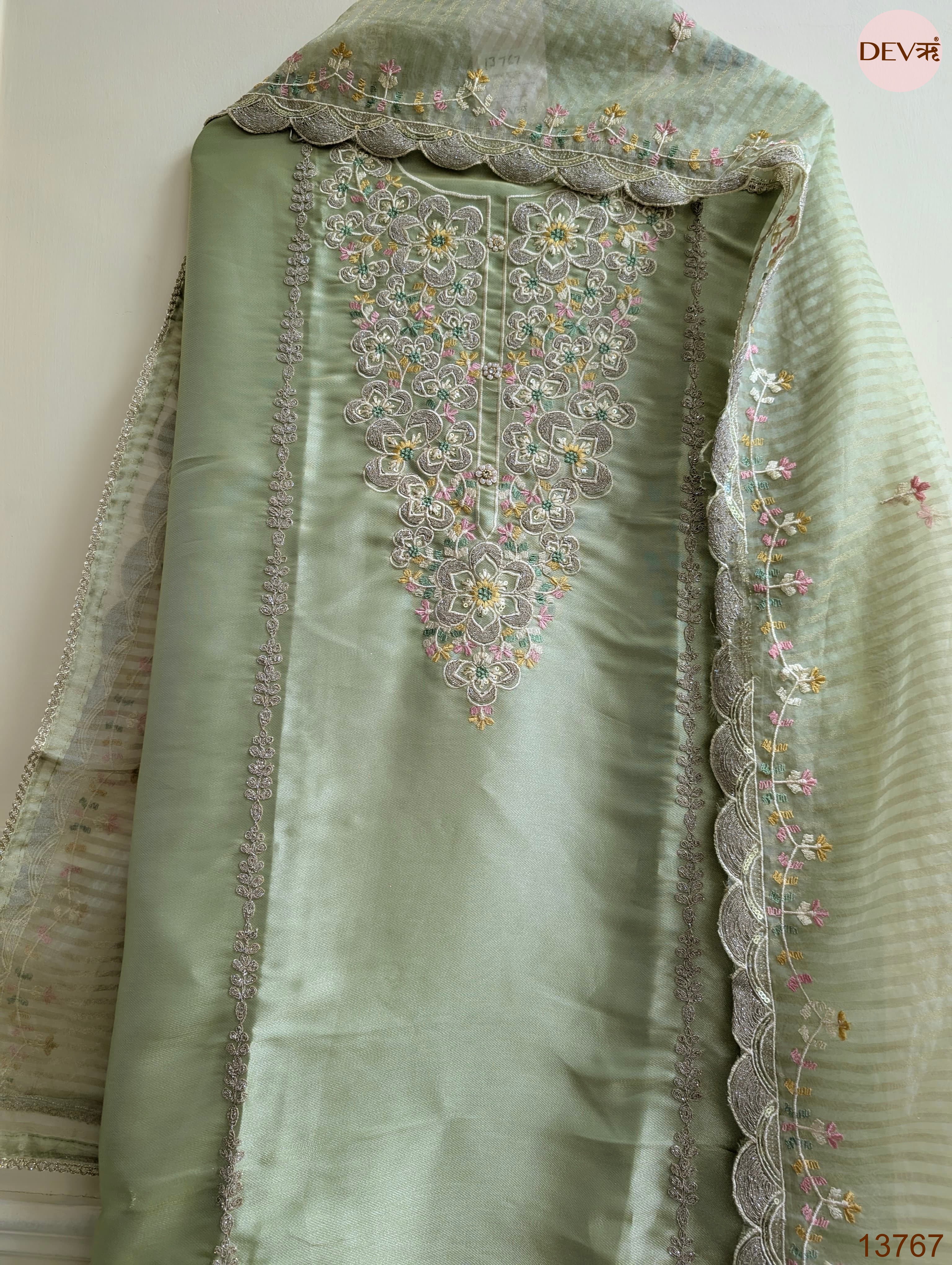 Sage Tissue Silk Embroidered Unstitched 3-Piece Suit (Devri – D.No 13767)