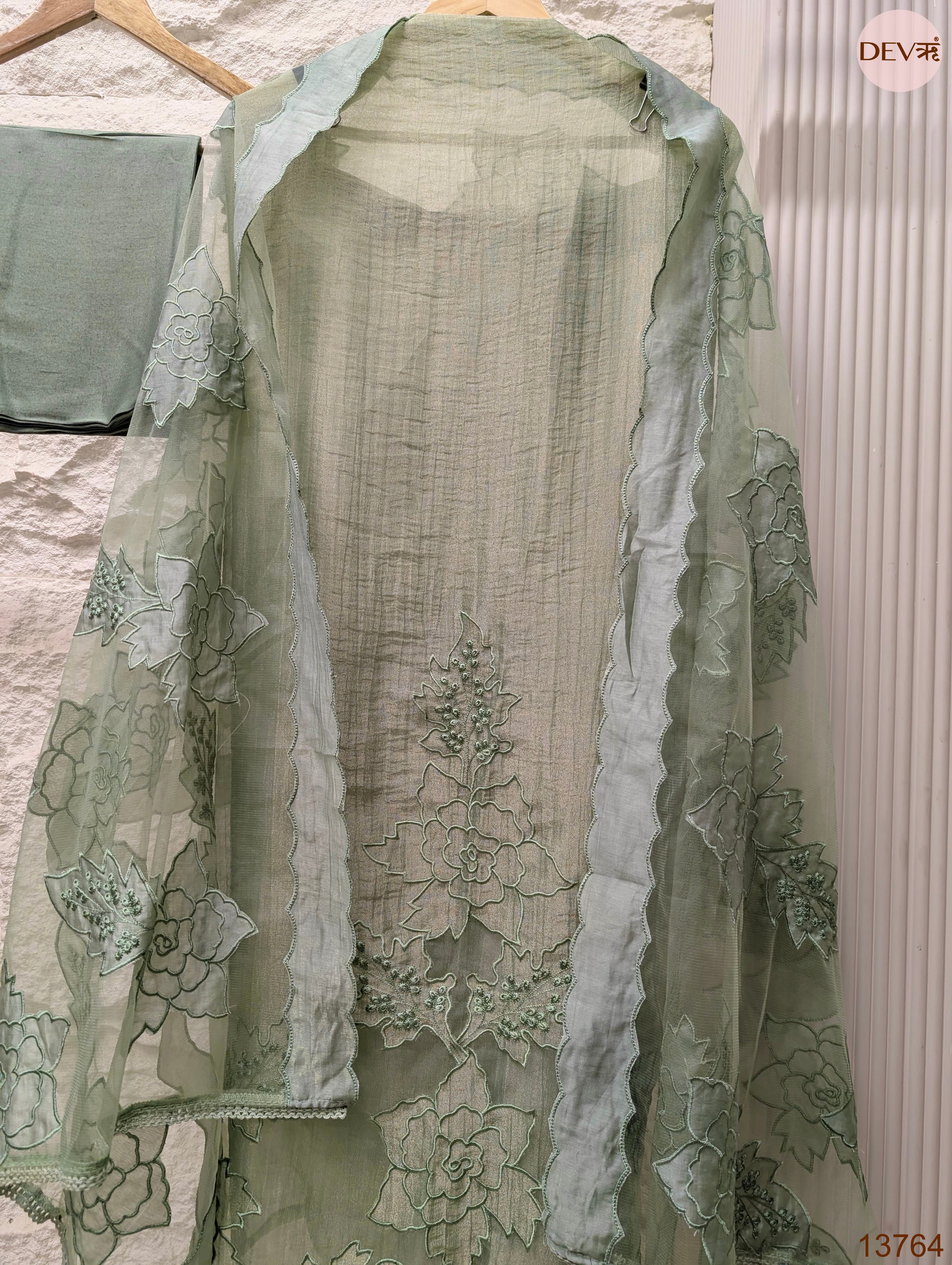 Sage Tissue Silk Embroidered Unstitched 3-Piece Suit (Devri – D.No 13764)
