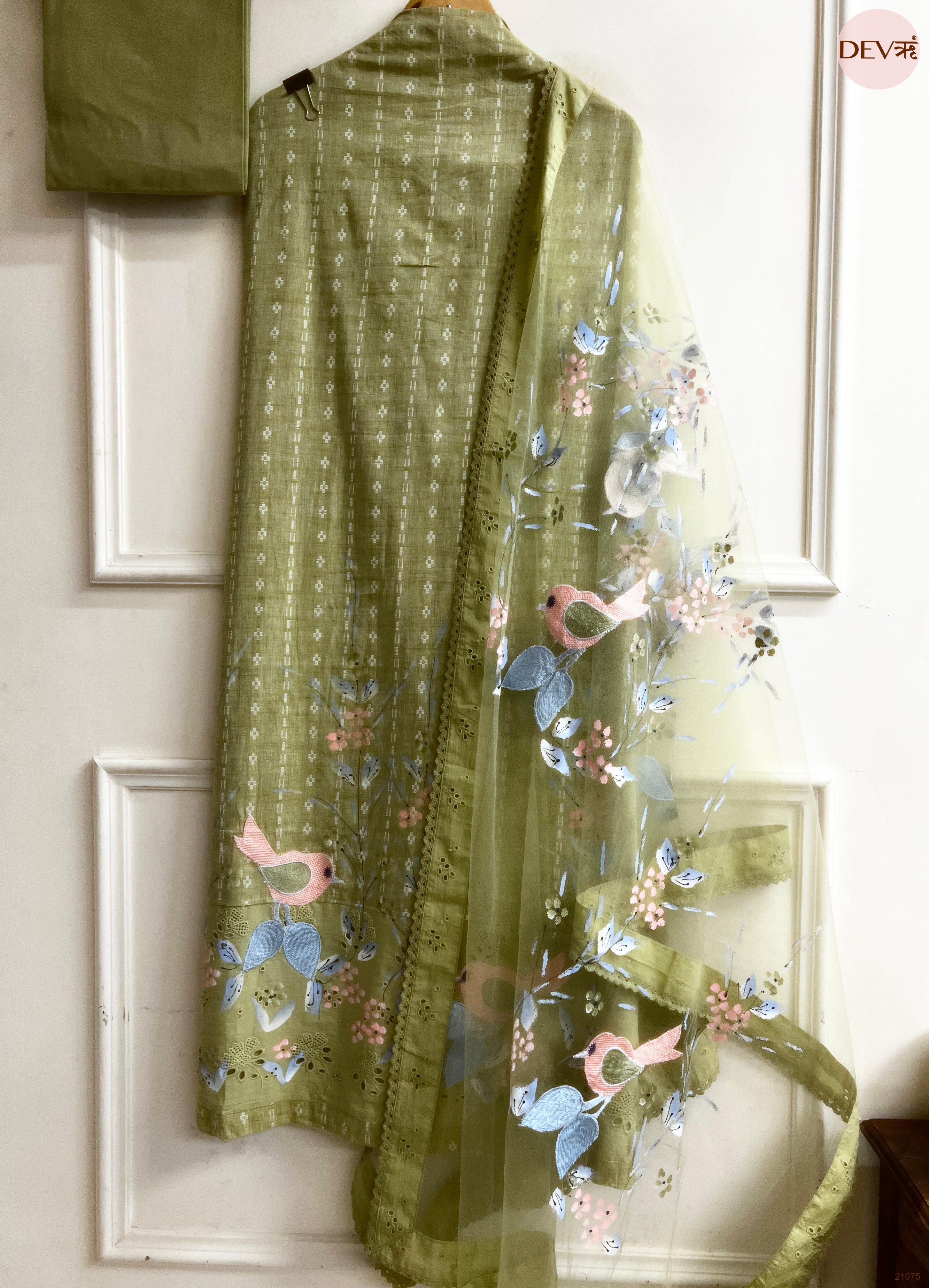Olive Pure Cotton Printed Unstitched 3-Piece Suit (Devri – D.No 21075)