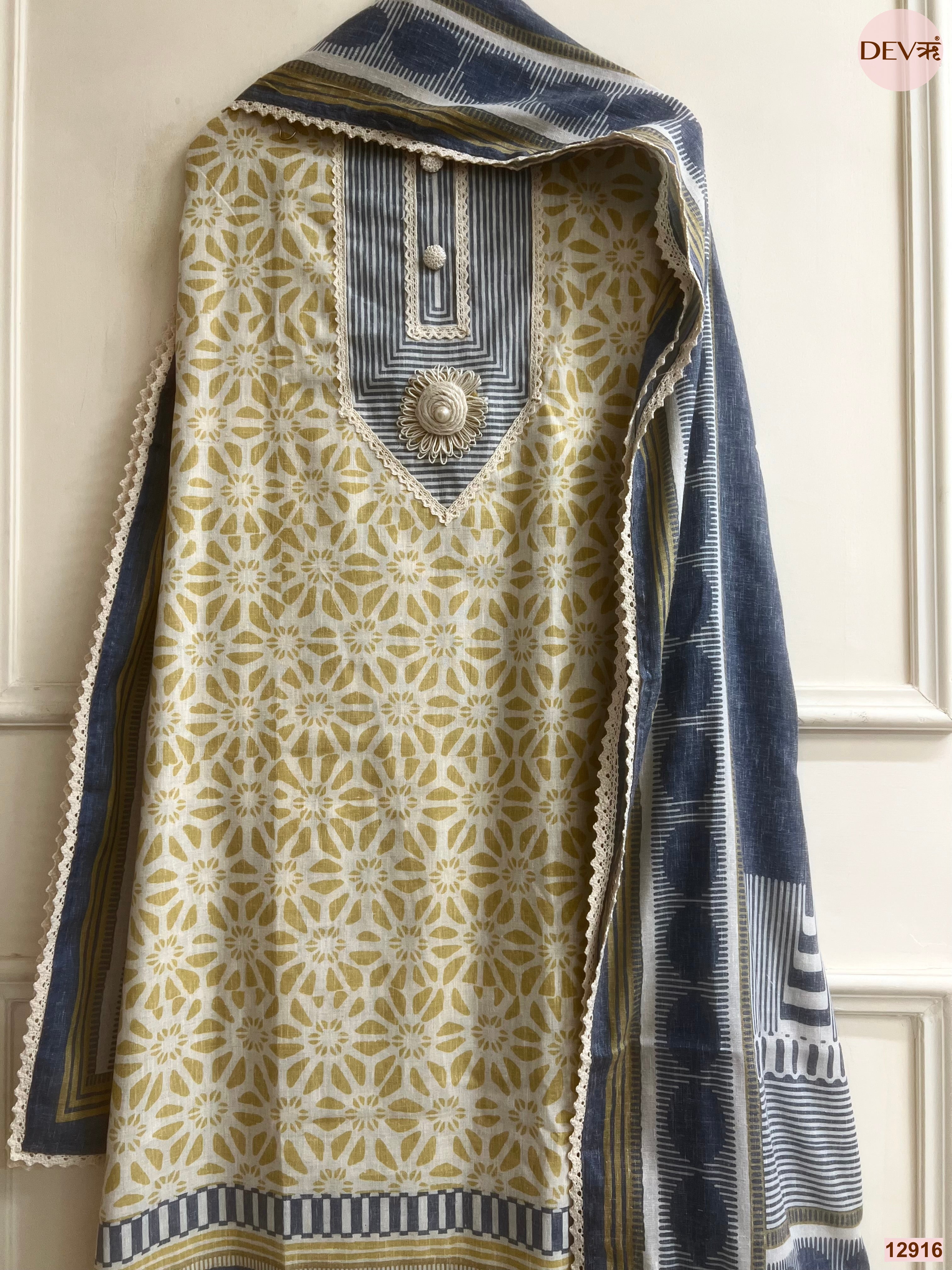 Mustard Cotton Khadi Printed Unstitched 3-Piece Suit (Devri – D.No 12916)