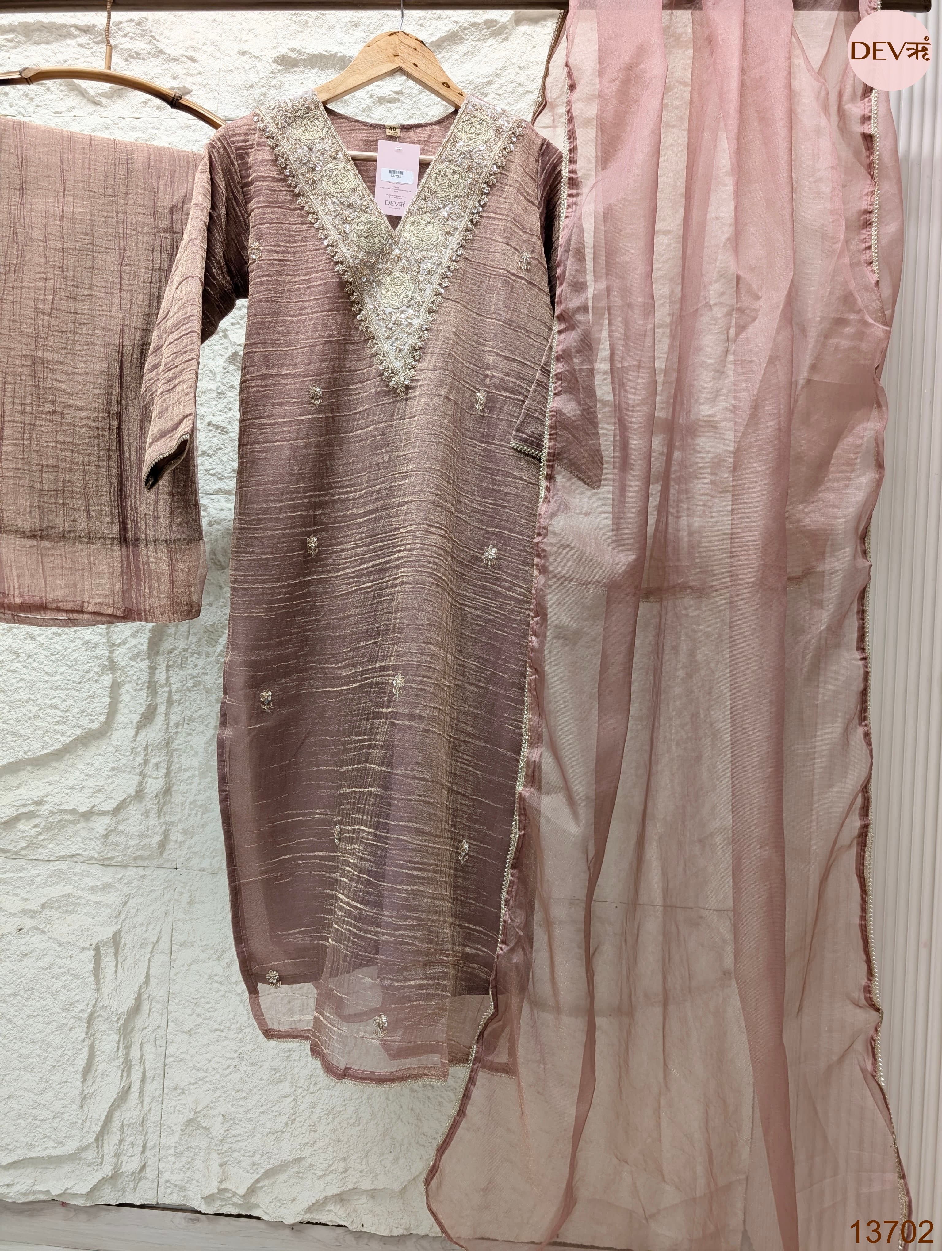 Gulnaar Tissue silk Embroidered Mauve 3-Piece Set (Devri – D.No 13702)