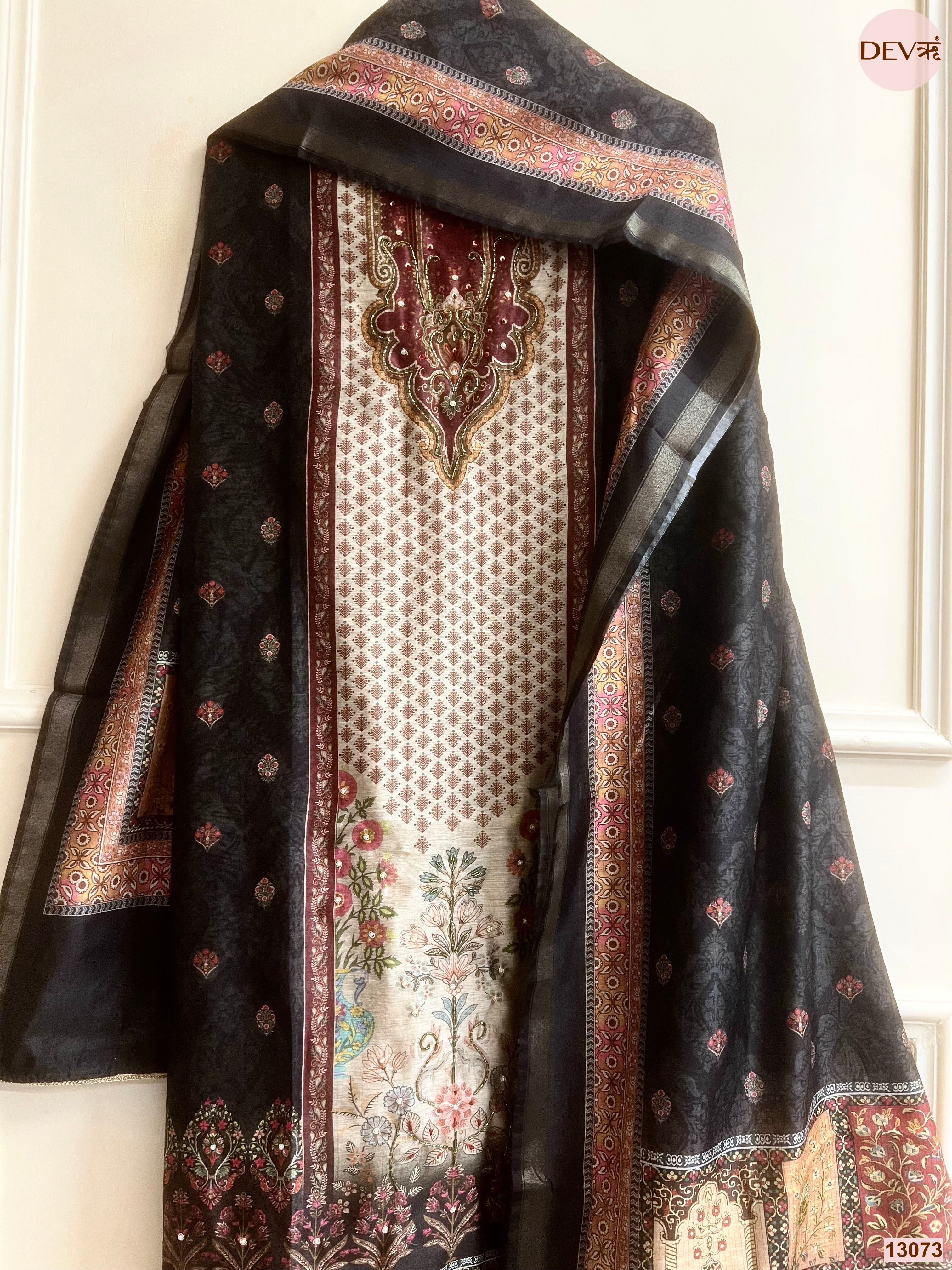 Black Linen Cotton Printed Unstitched 3-Piece Suit (Devri – D.No 13073)