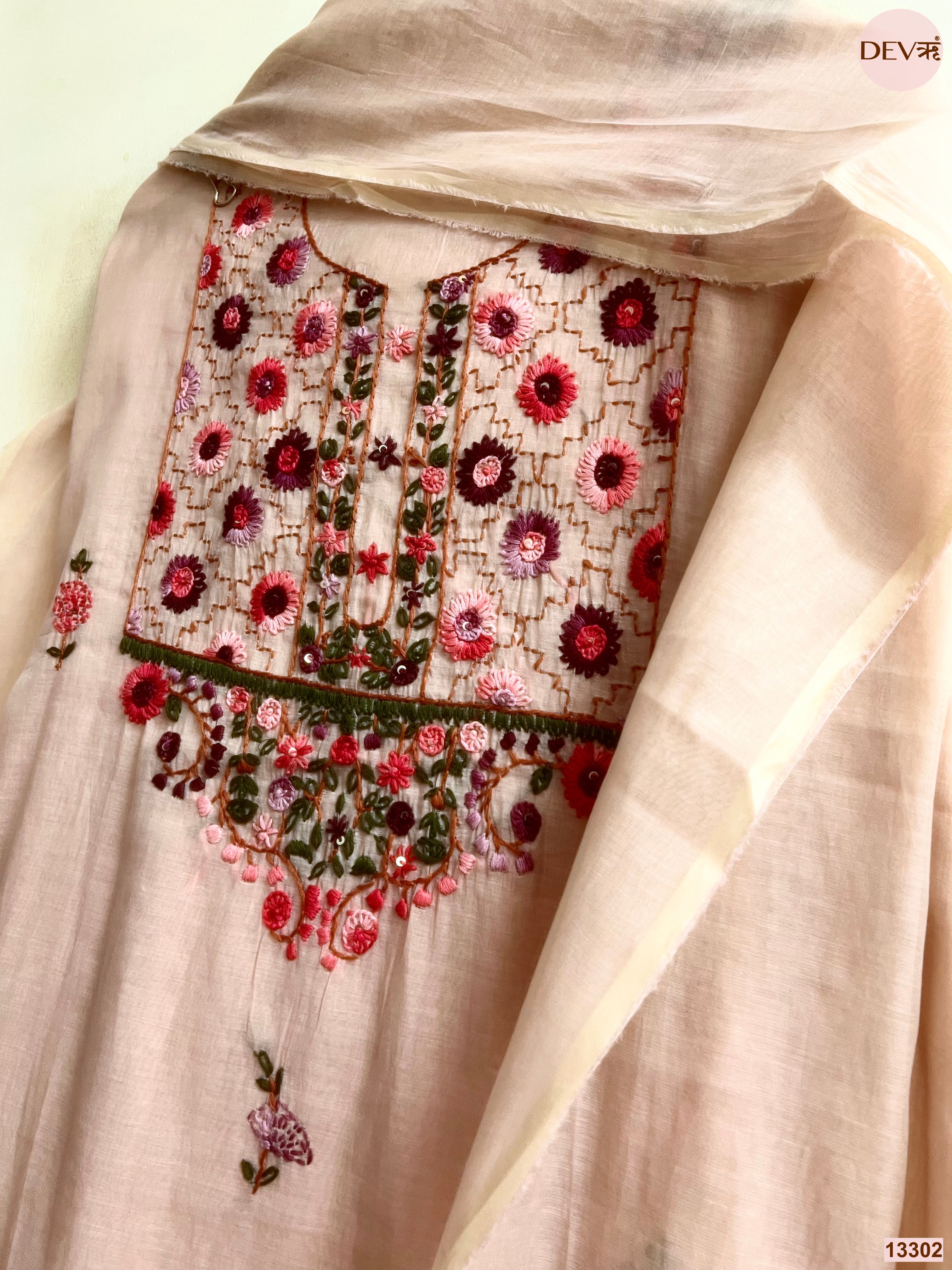 Peach Mul Chanderi Embroidered Unstitched 3-Piece Suit (Devri – D.No 13302)