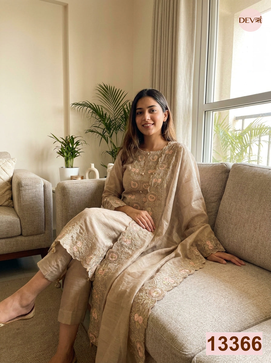 Beige Mul Chanderi Embroidered Unstitched 3-Piece Suit (Devri – D.No 13366)