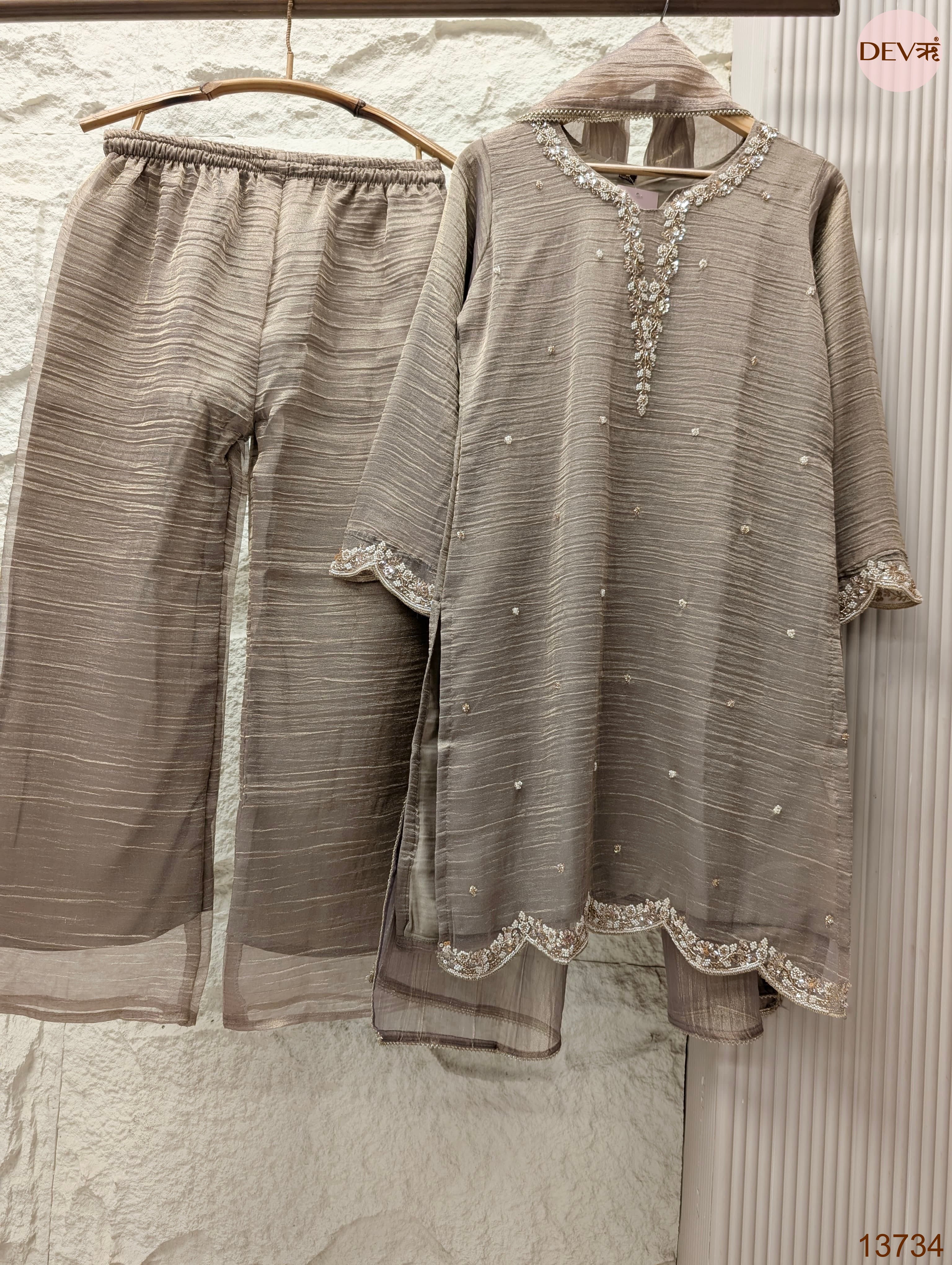 Zareen Tissue crush silk Embroidered Taupe 3-Piece Set (Devri – D.No 13734)