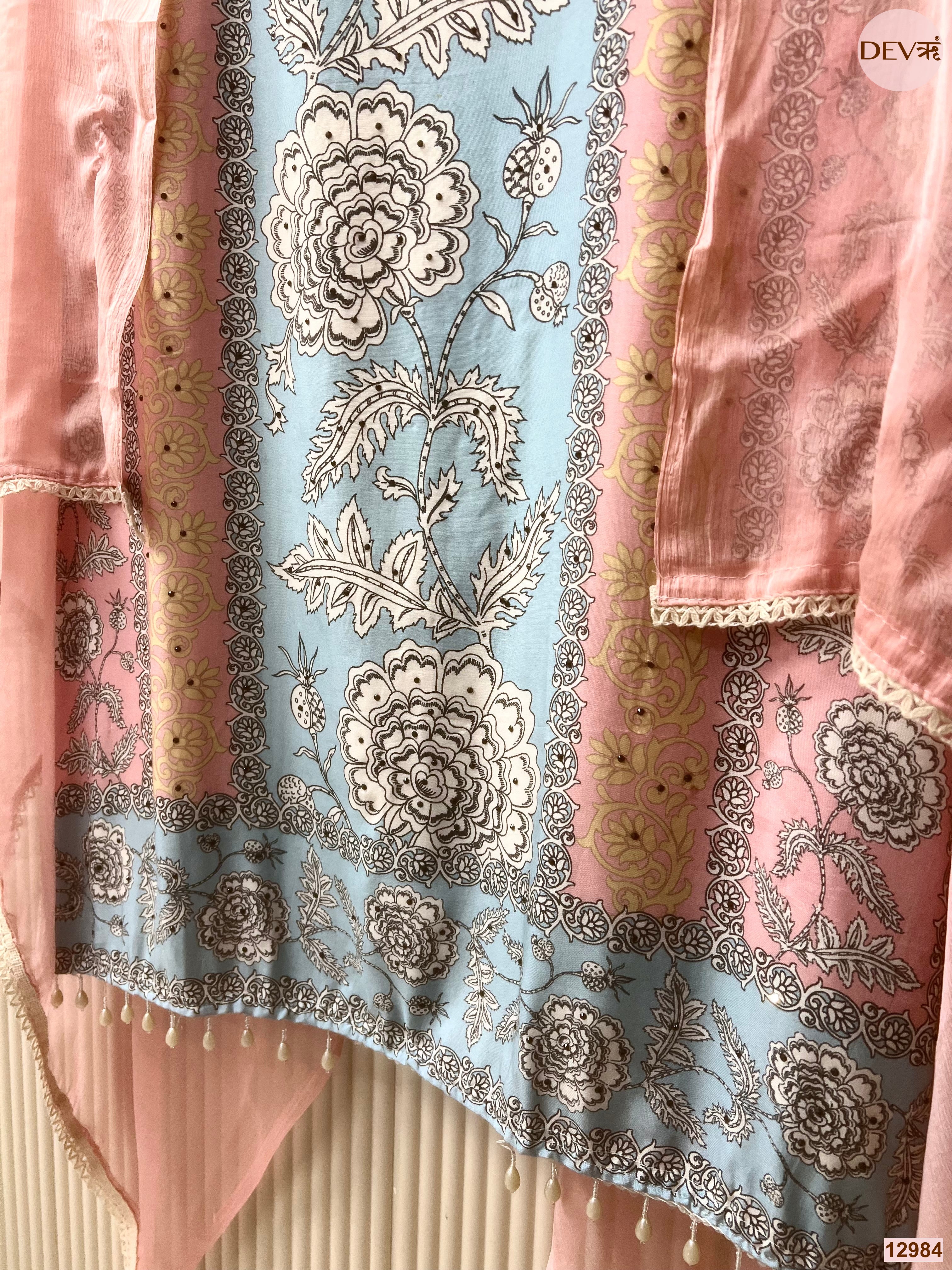 Blue Muslin Printed Unstitched 3-Piece Suit (Devri – D.No 12984)