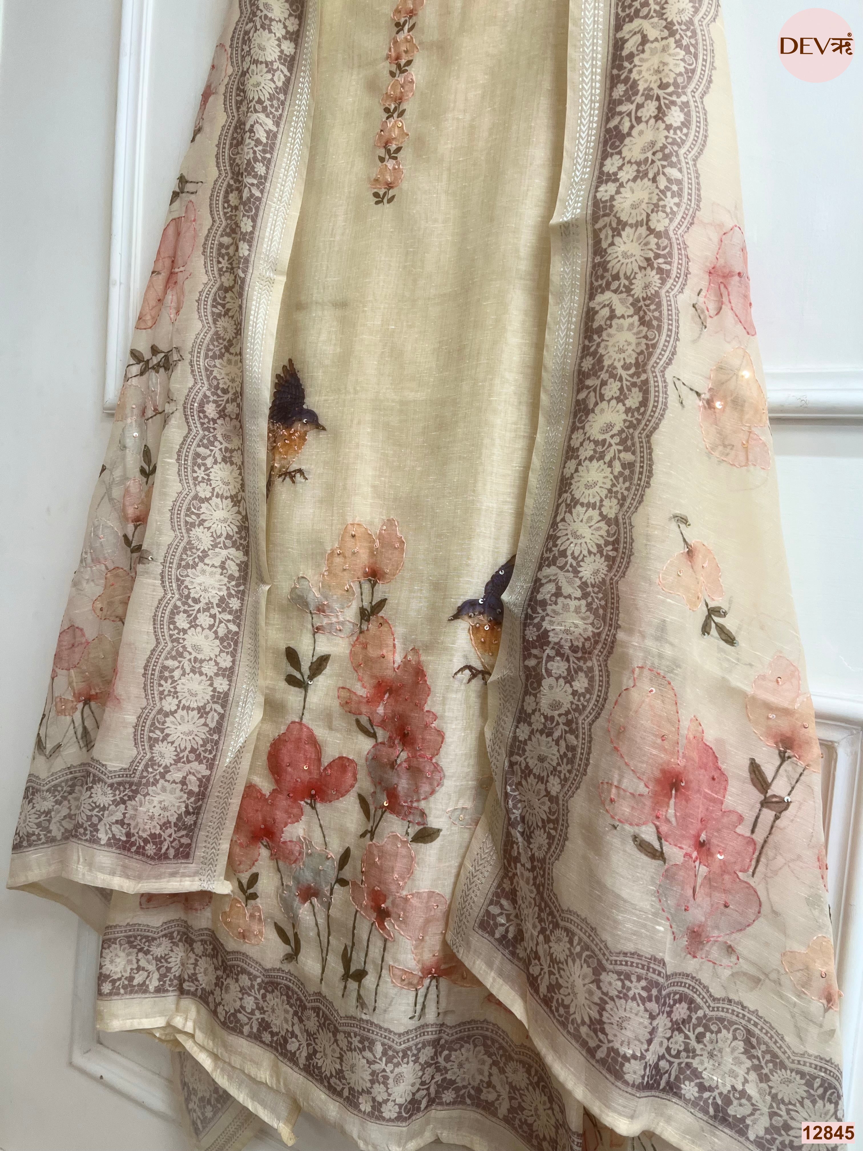 Cream Mul Chanderi Printed Unstitched 3-Piece Suit (Devri – D.No 12845)