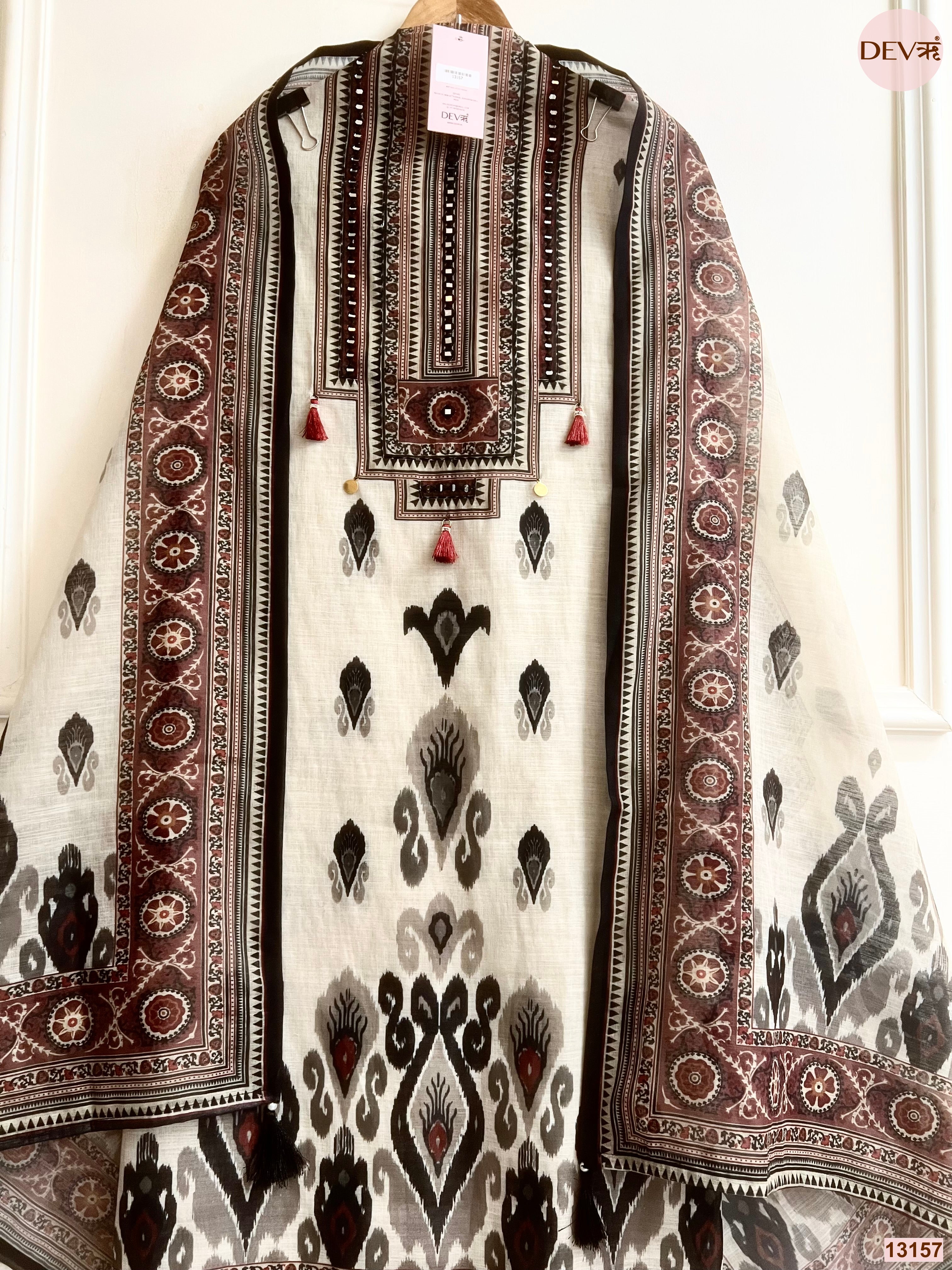 Cream Linen Cotton Printed Unstitched 3-Piece Suit (Devri – D.No 13157)