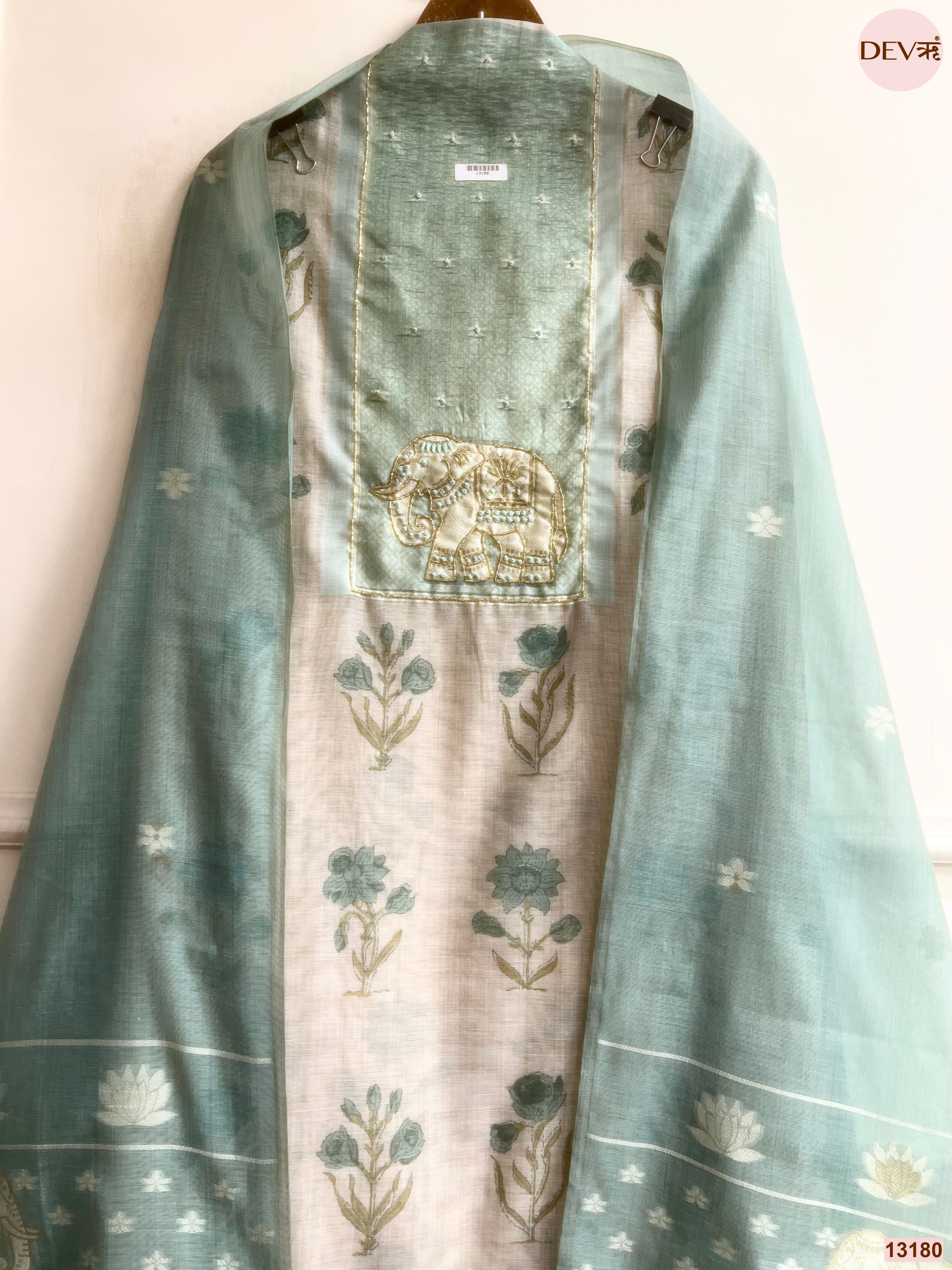 Aqua Mul Chanderi Printed Unstitched 3-Piece Suit (Devri – D.No 13180)