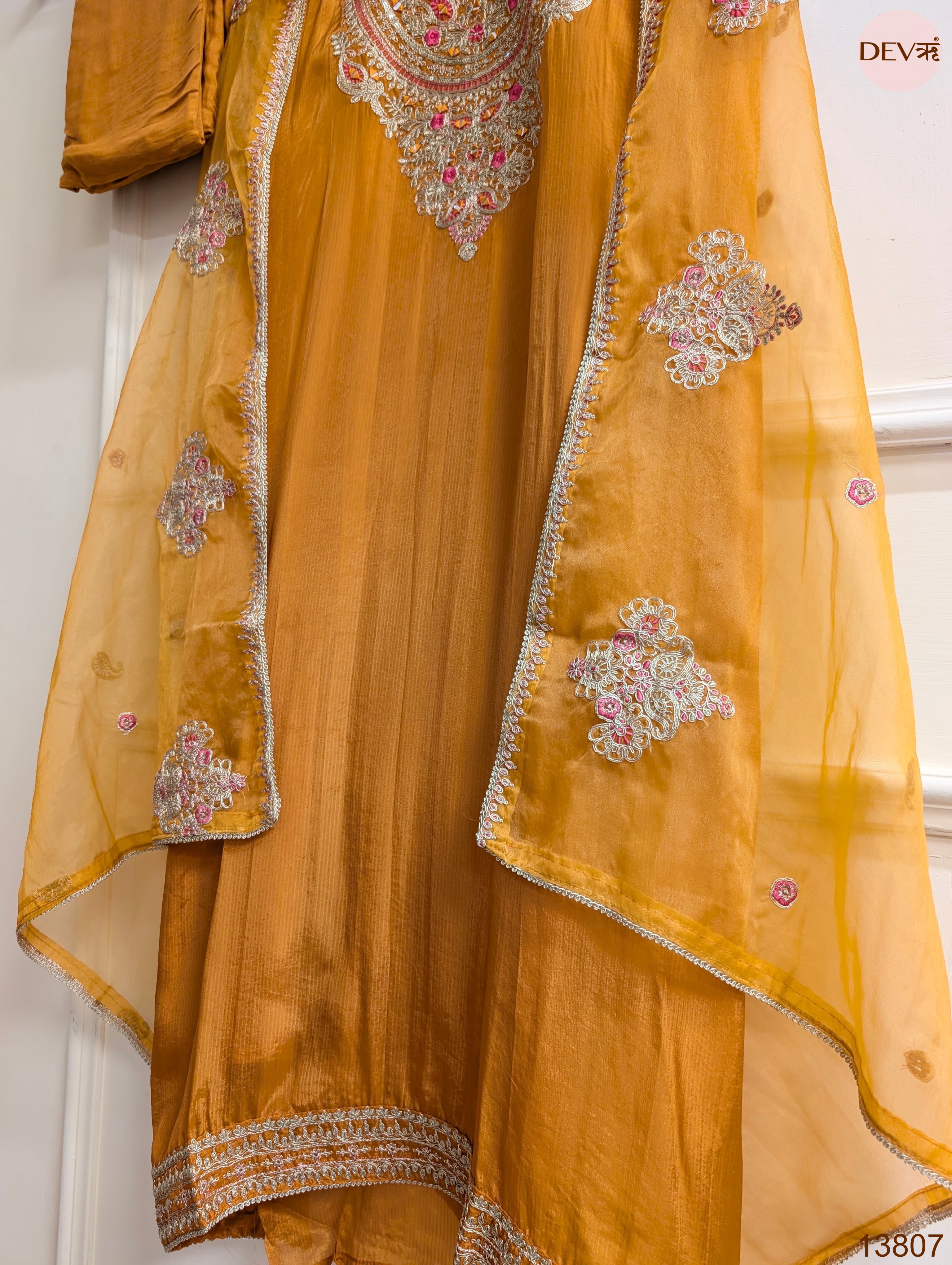 Mustard Tissue Organza Silk Embroidered Unstitched 3-Piece Suit (Devri – D.No 13807)