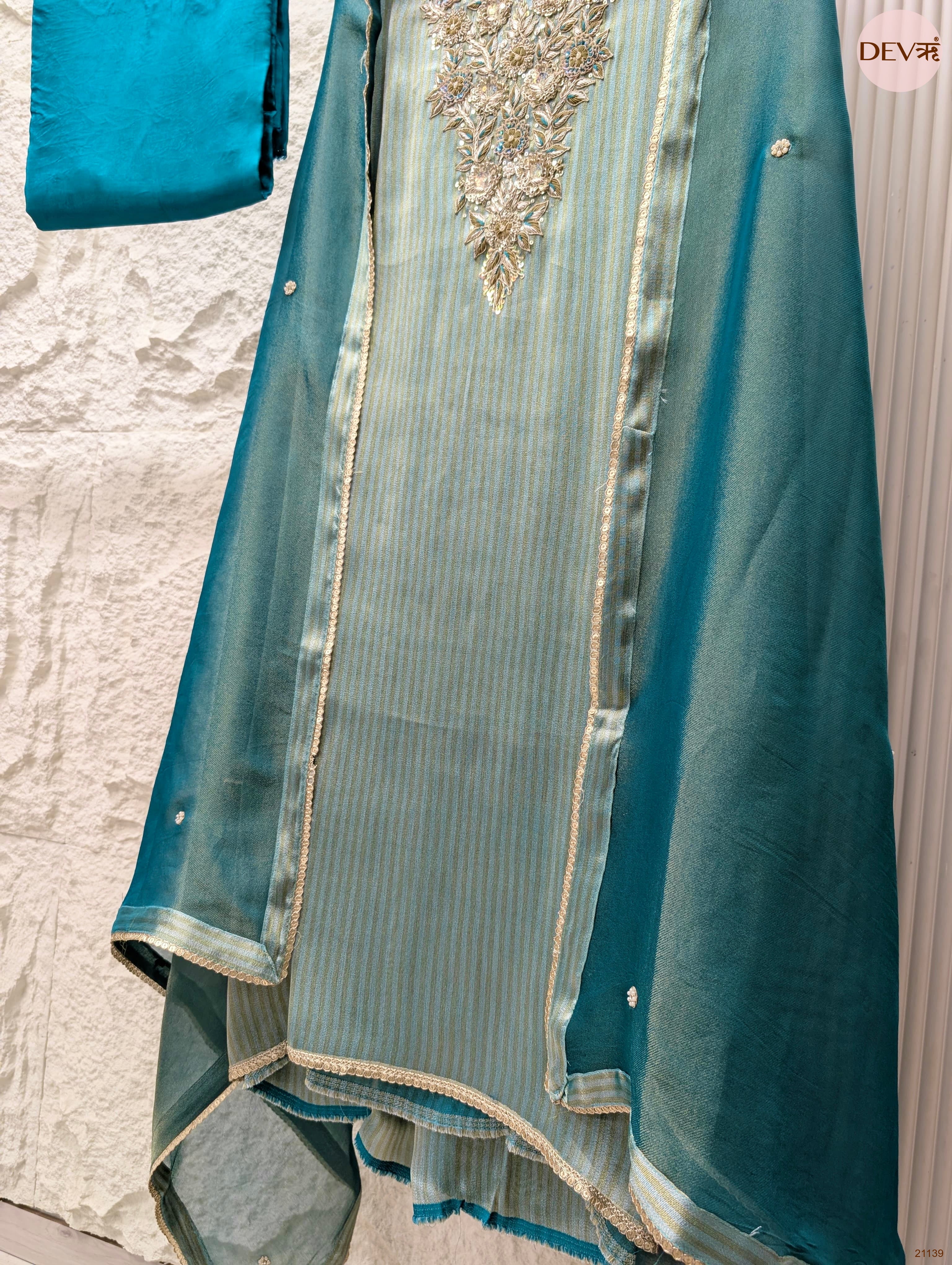 Teal Pure Tissue Silk Embroidered Unstitched 3-Piece Suit (Devri – D.No 21139)