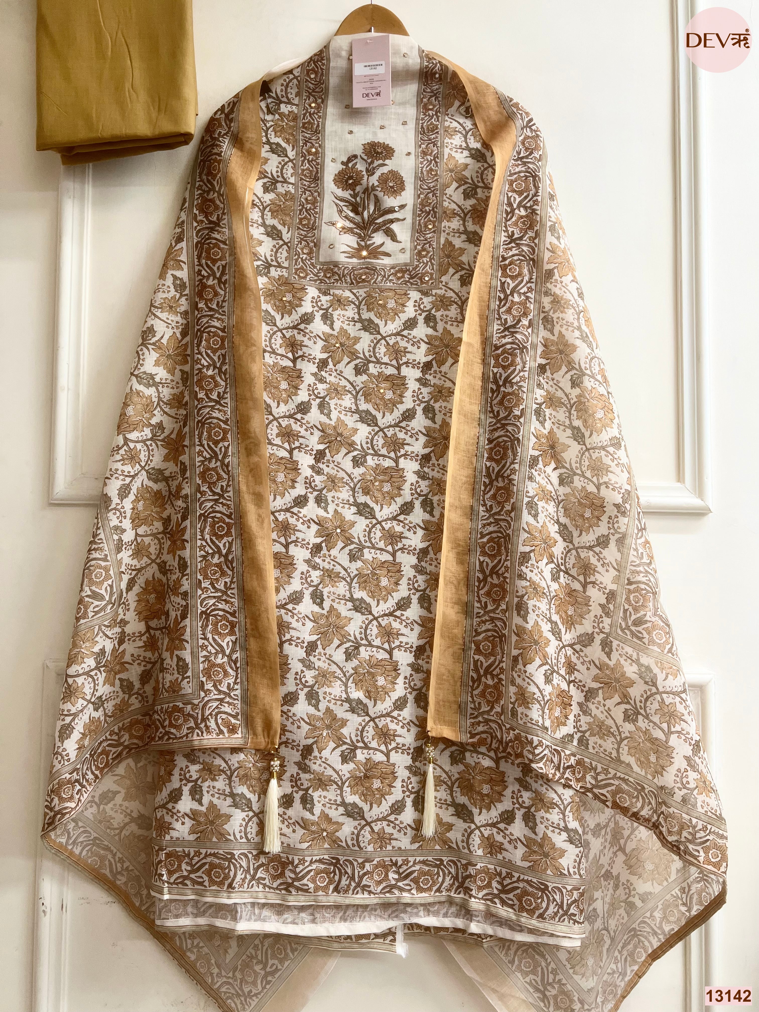 Cream Linen Printed Unstitched 3-Piece Suit (Devri – D.No 13142)