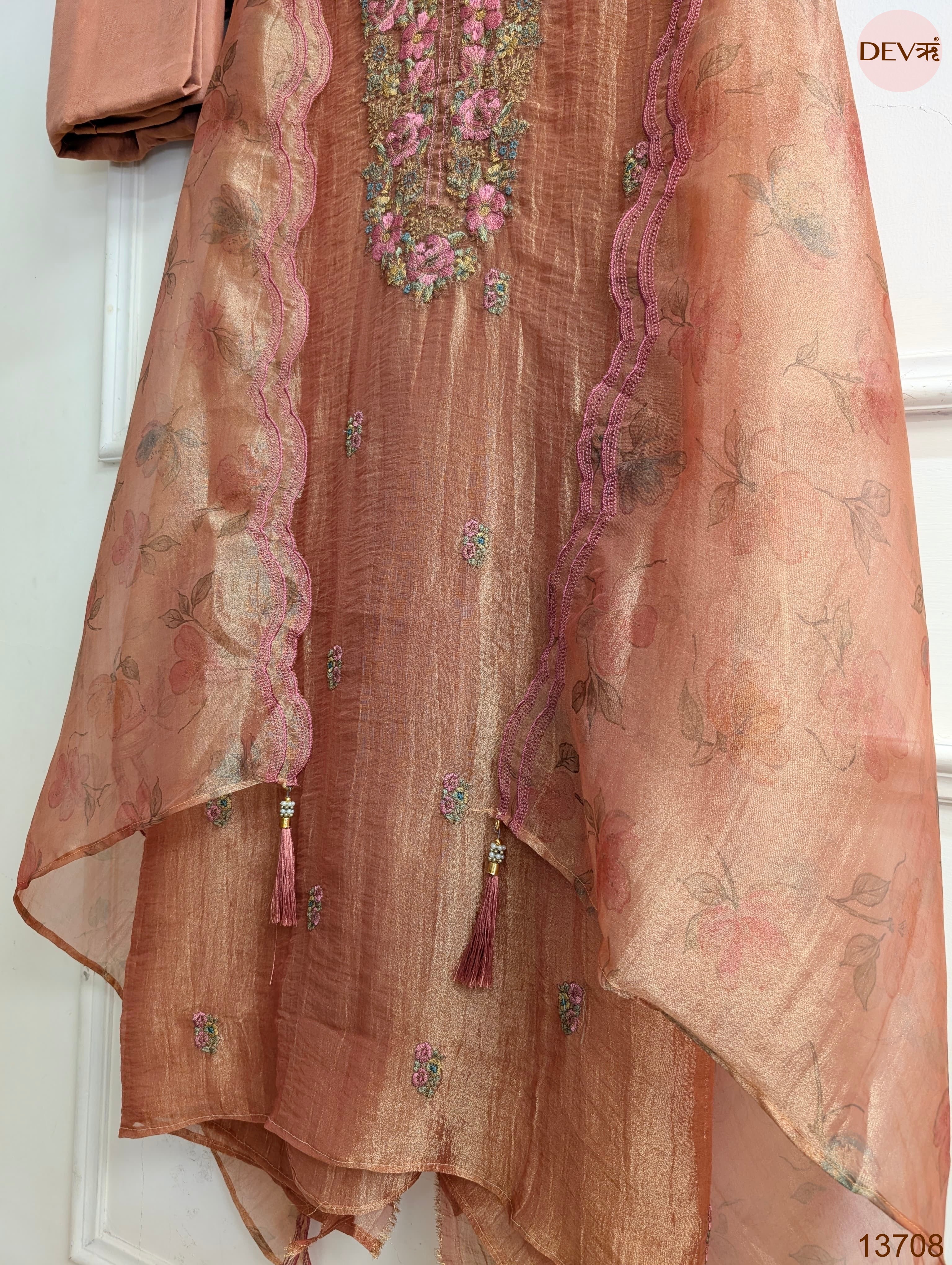 Peach Crush Tissue Silk Embroidered Unstitched 3-Piece Suit (Devri – D.No 13708)