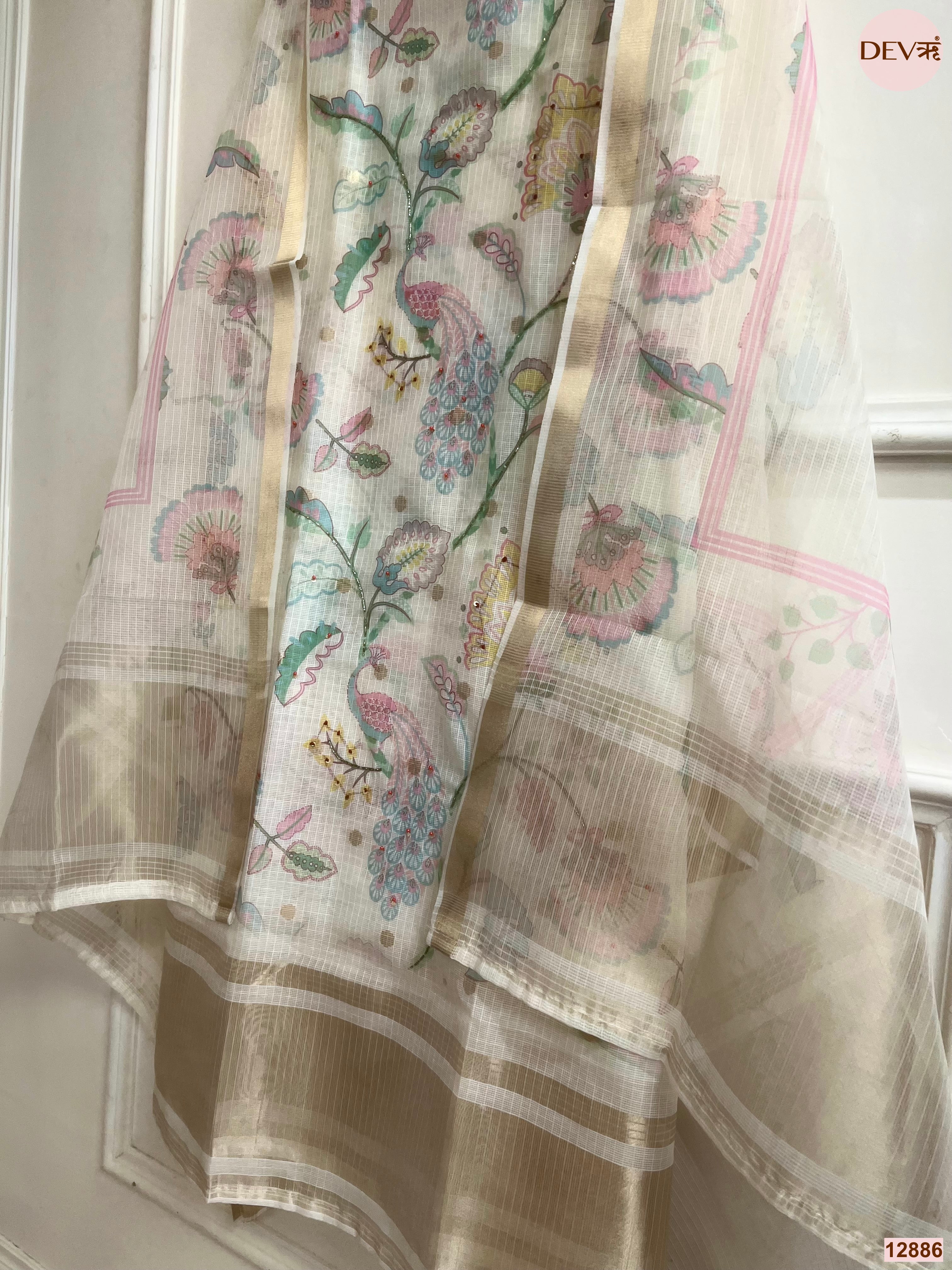 Cream Kota Printed Unstitched 3-Piece Suit (Devri – D.No 12886)