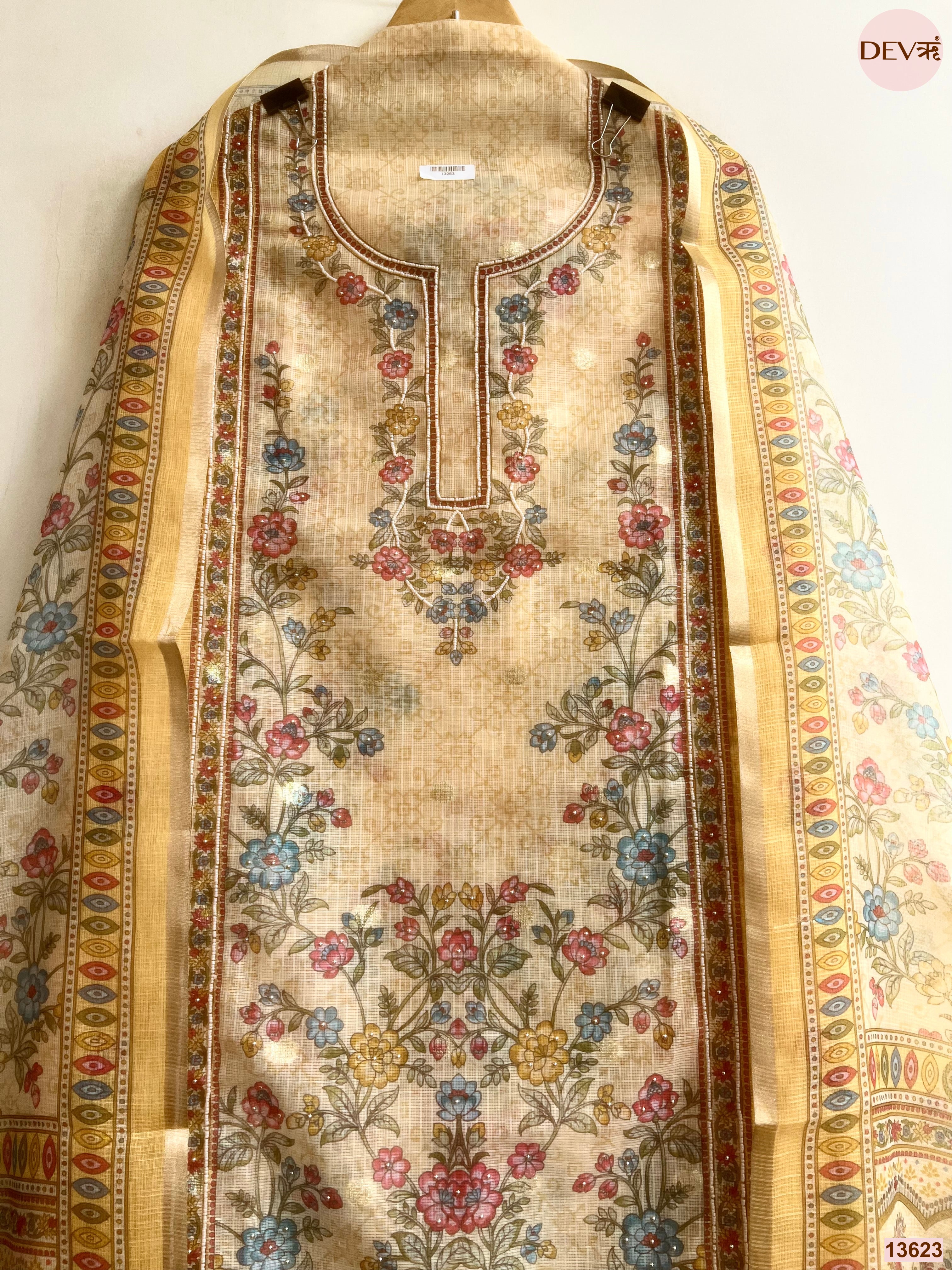 Beige Kota Zari Printed Unstitched 3-Piece Suit (Devri – D.No 13623)