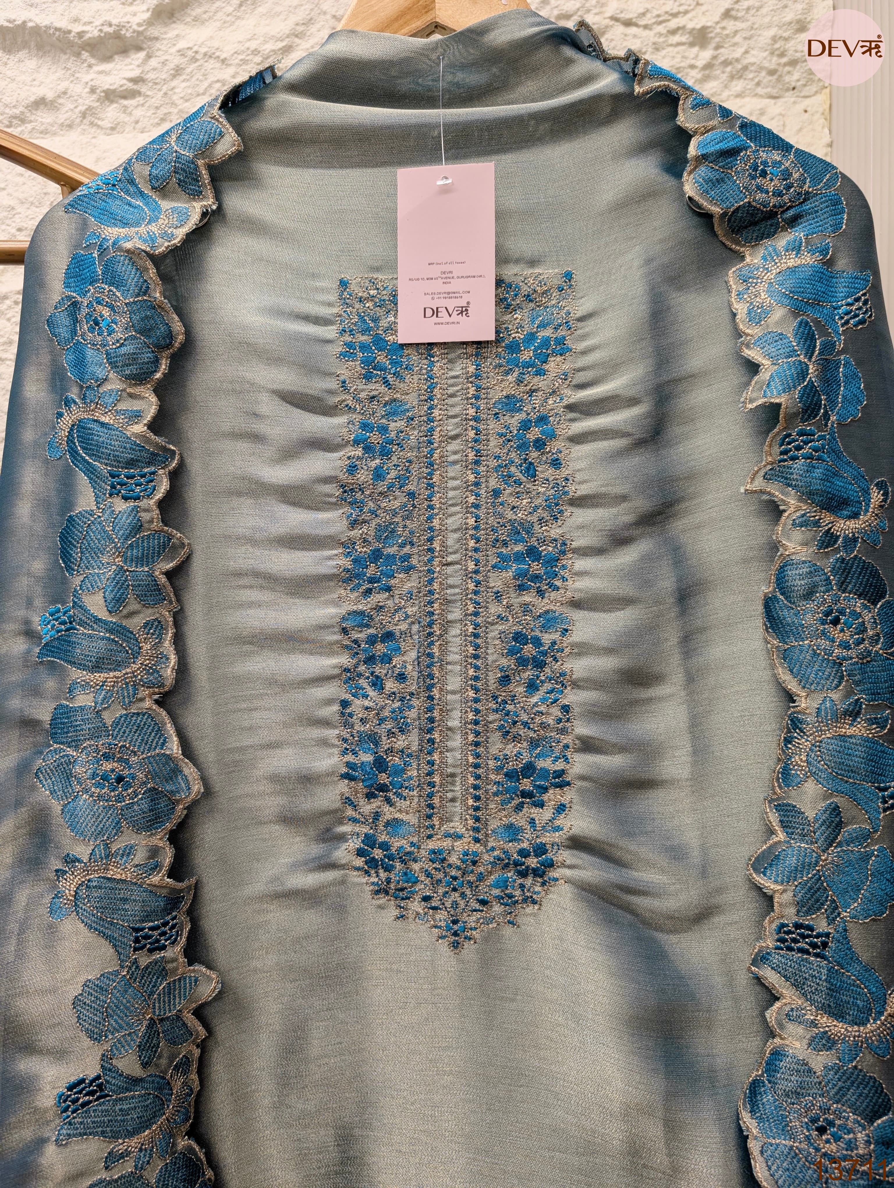 Grey Silk Blend Embroidered Unstitched 3-Piece Suit (Devri – D.No 13711)