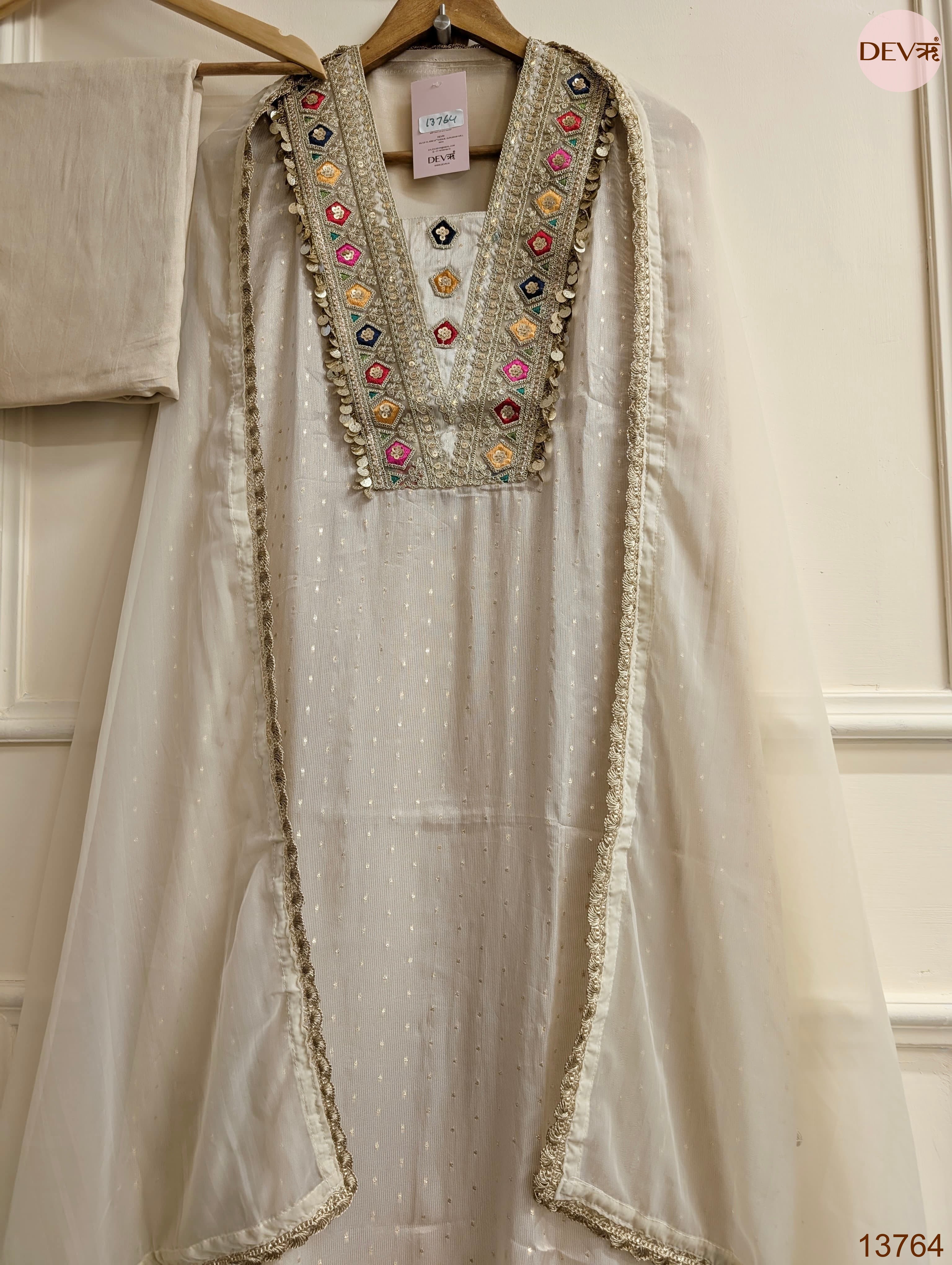 Off White Pure tissue silk Embroidered Unstitched 3-Piece Suit (Devri – D.No 13764)