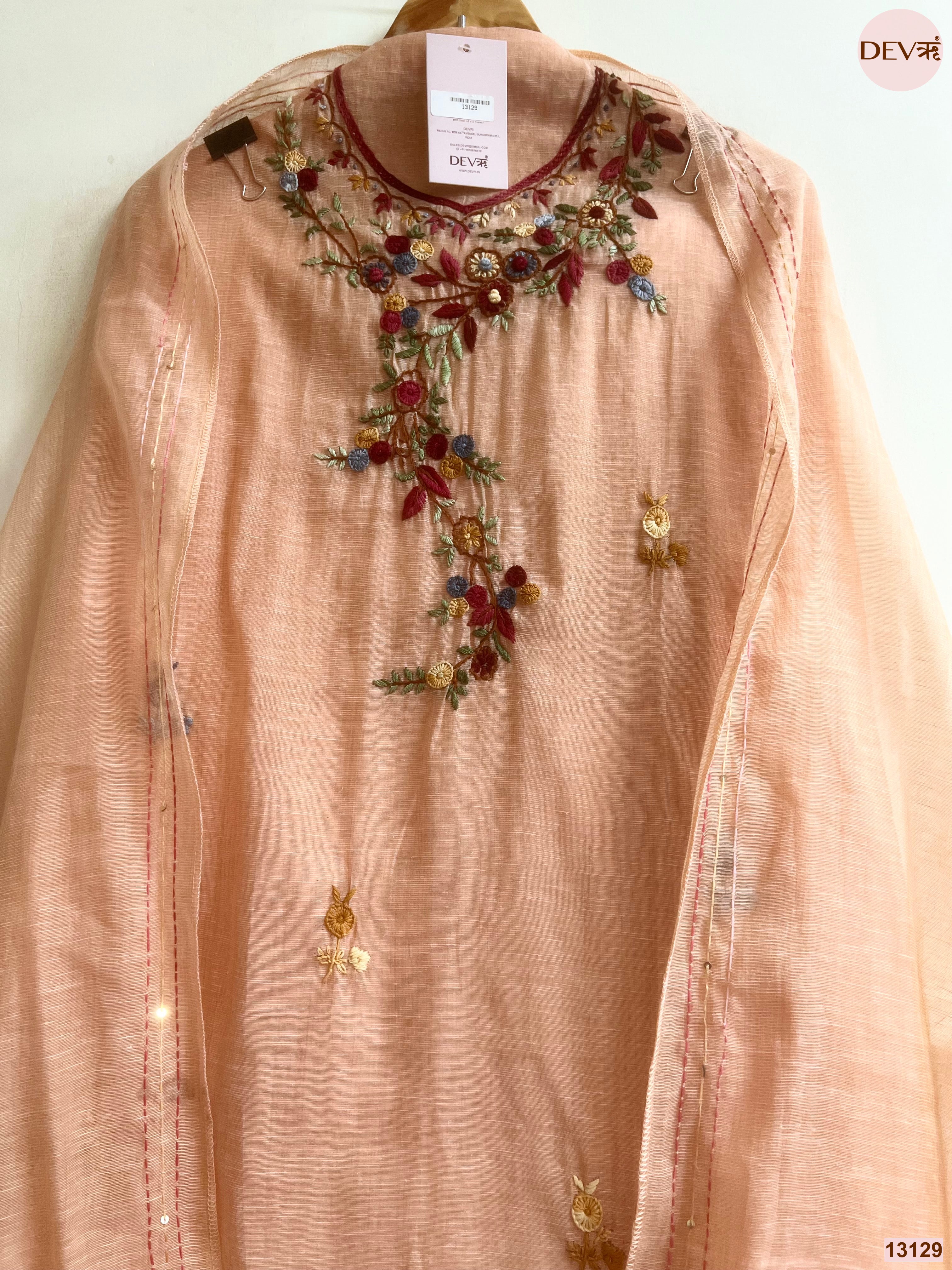 Peach Jamdani Cotton Embroidered Unstitched 3-Piece Suit (Devri – D.No 13129)