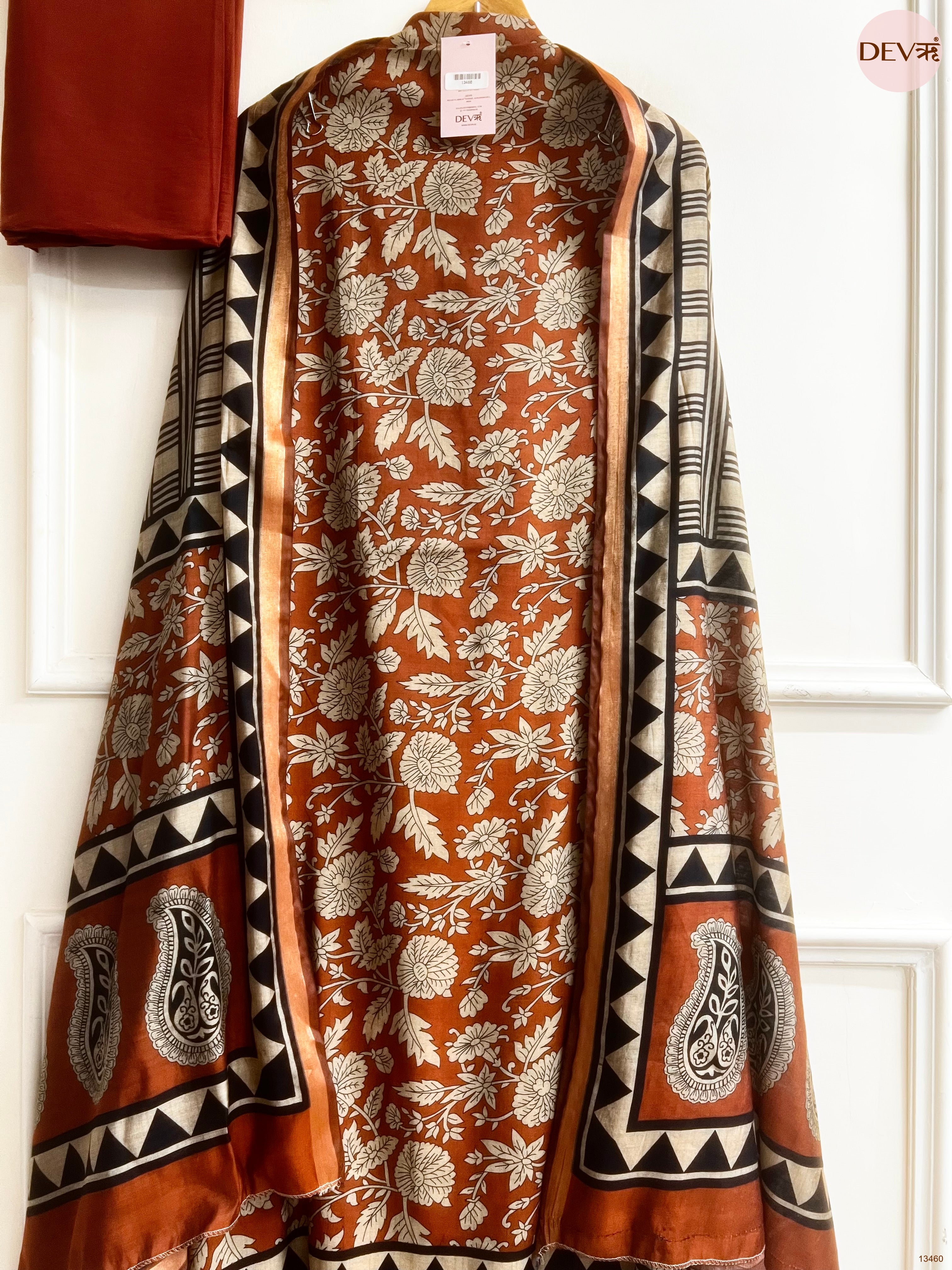Rust Maheshwari Silk Printed Unstitched 3-Piece Suit (Devri – D.No 13460)