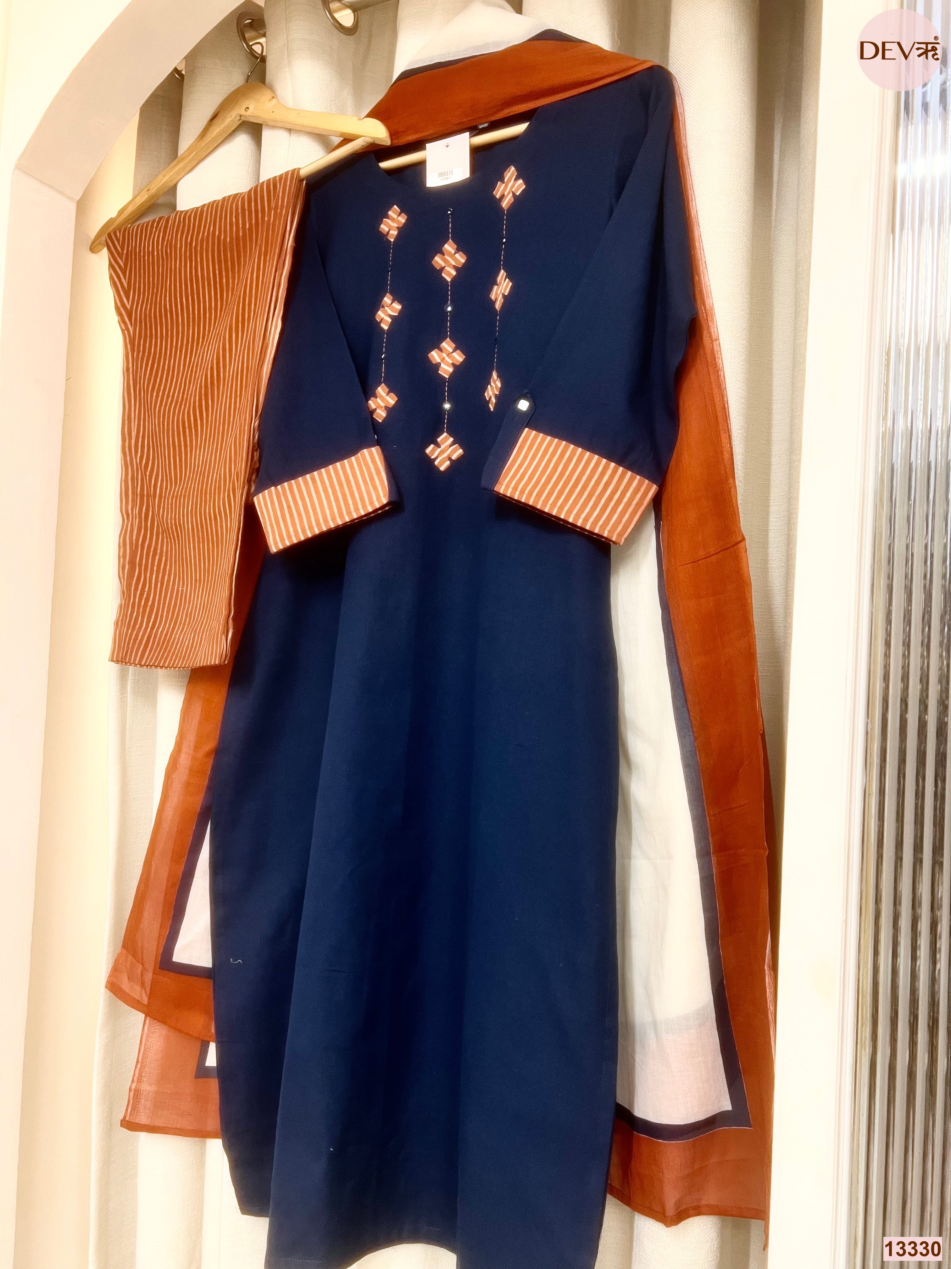 Varnika Cotton slub Printed Navy Blue 3-Piece Set (Devri – D.No 13330)