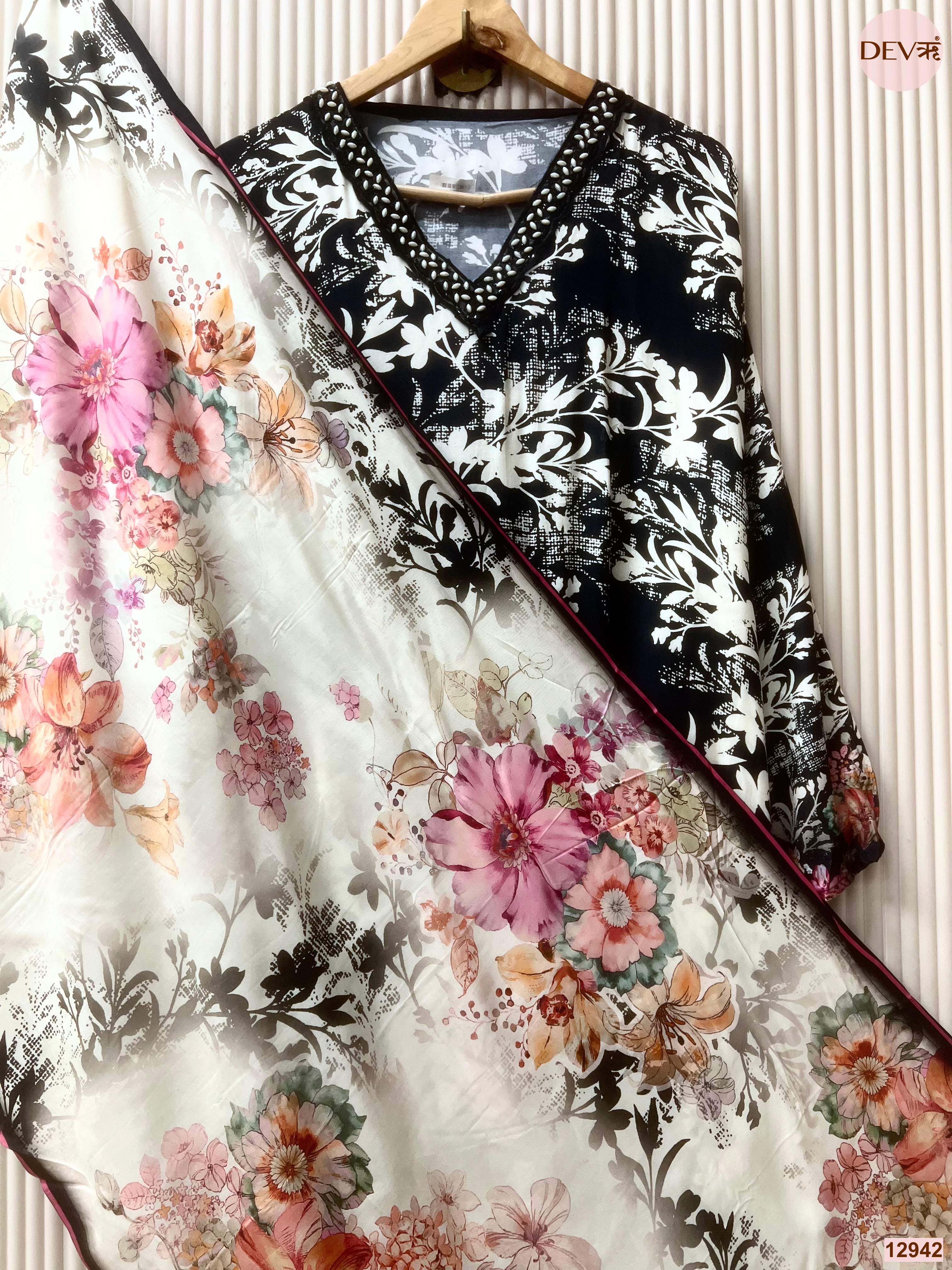 Black Muslin Printed Unstitched 3-Piece Suit (Devri – D.No 12942)