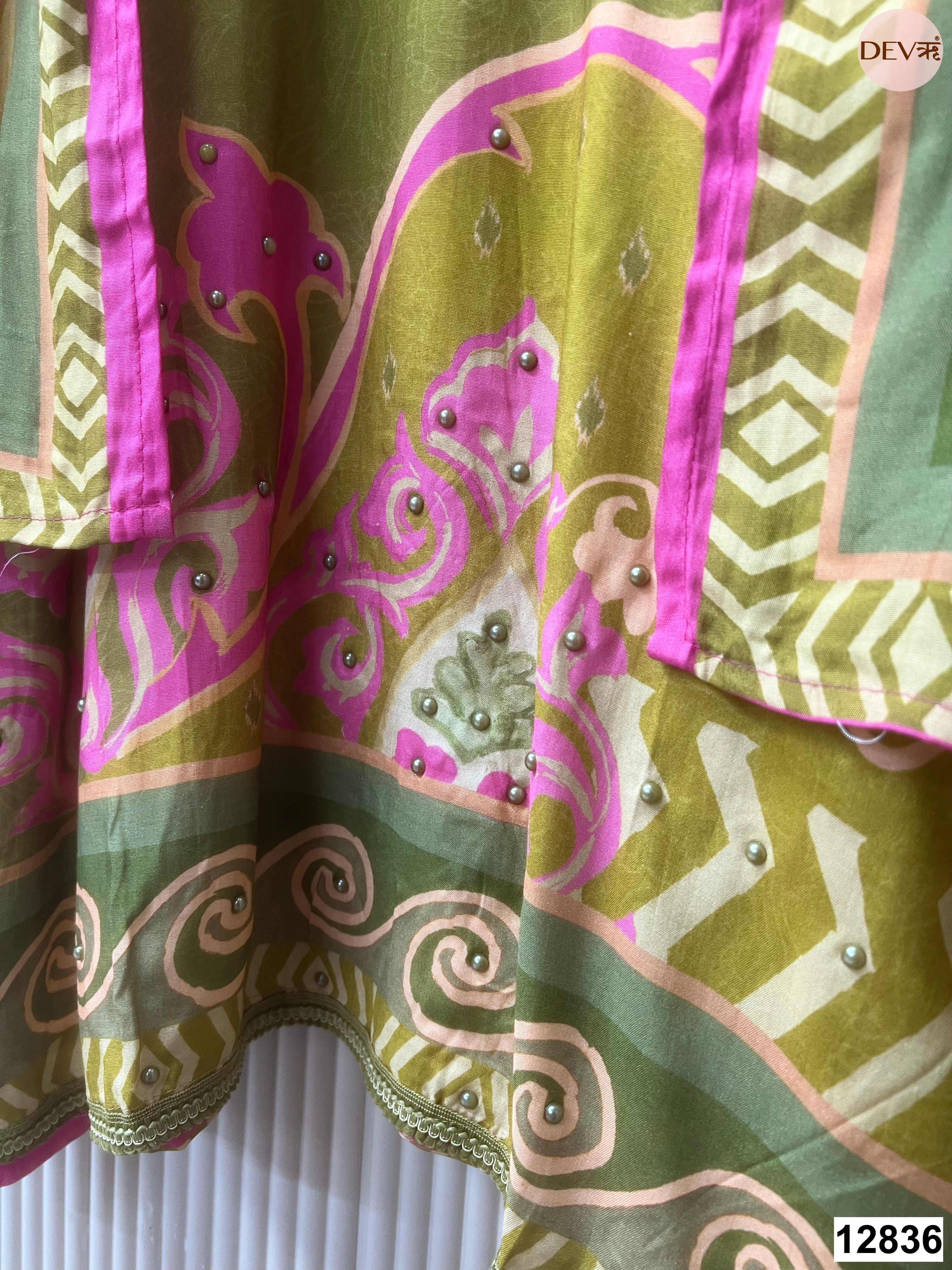 Olive Muslin Printed Unstitched 3-Piece Suit (Devri – D.No 12836)