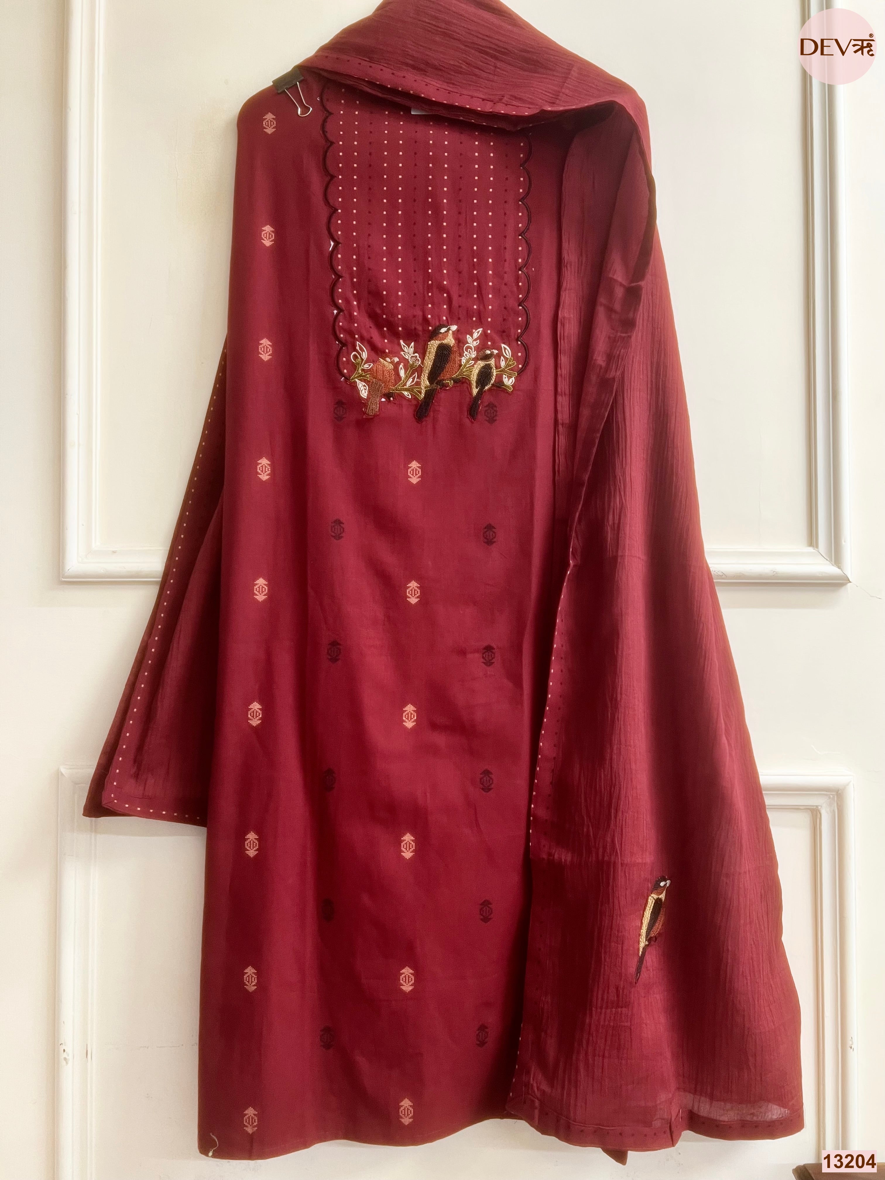 Maroon Embroidered Unstitched 3-Piece Suit (Devri – D.No 13204)