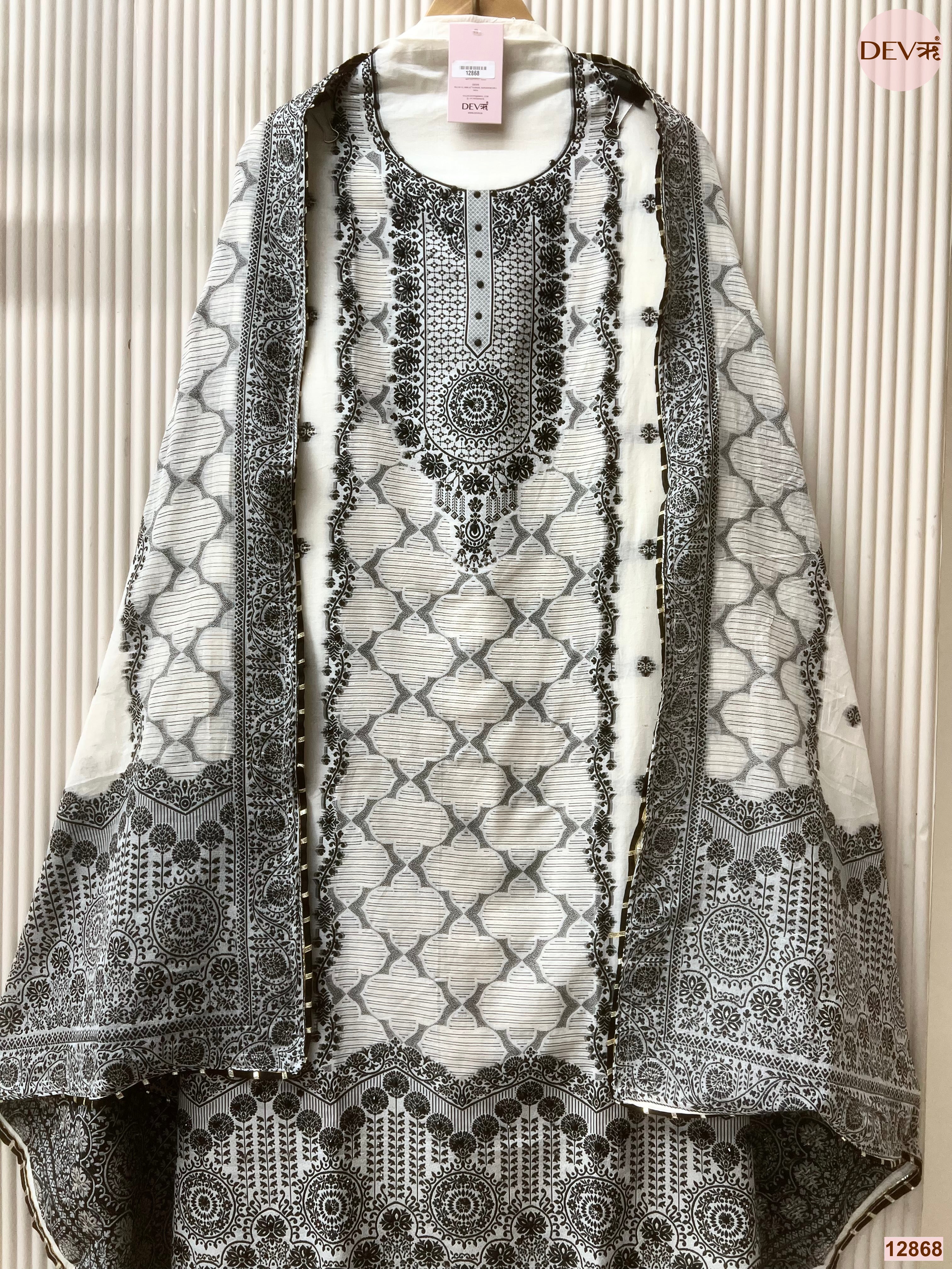 White Jamdani Cotton Printed Unstitched 3-Piece Suit (Devri – D.No 12868)