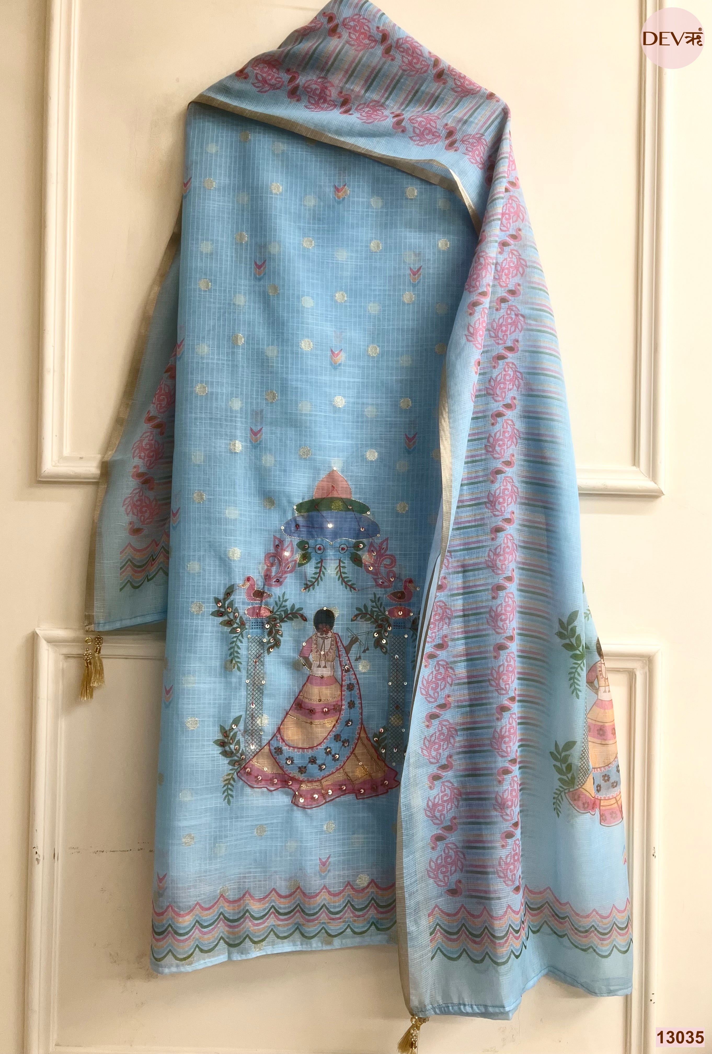 Blue Kota Zari Printed Unstitched 3-Piece Suit (Devri – D.No 13035)