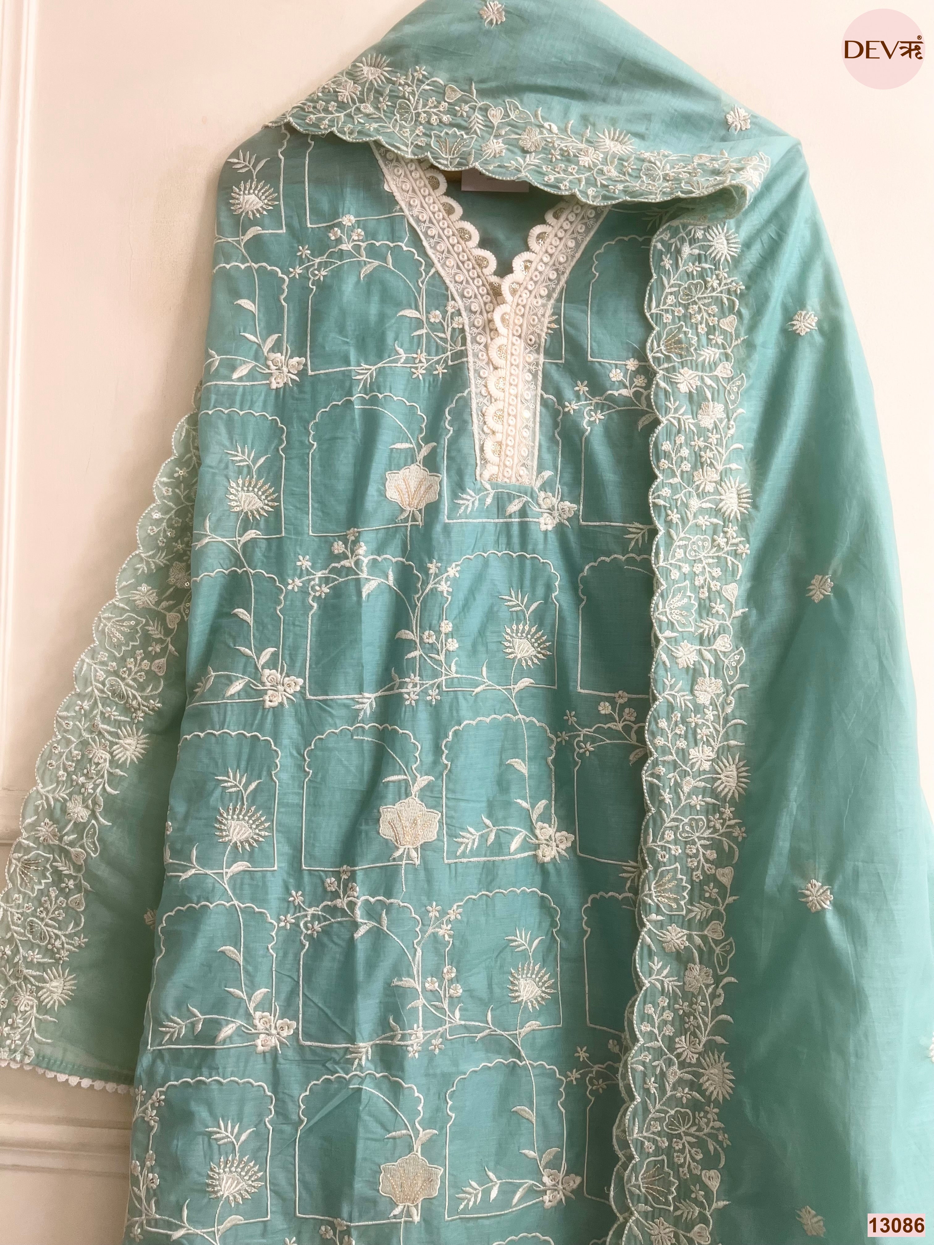 Aqua Mul Chanderi Embroidered Unstitched 3-Piece Suit (Devri – D.No 13086)