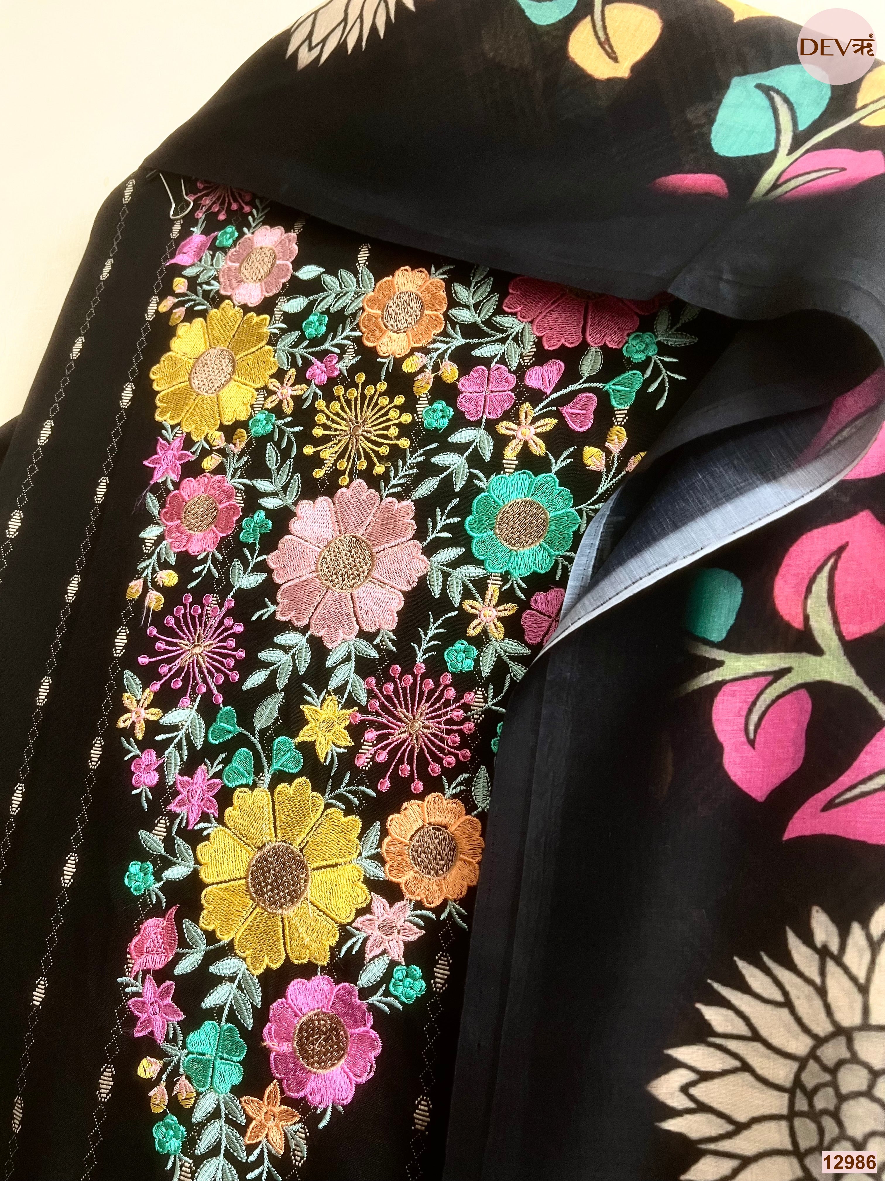 Black Cotton Handloom Printed Unstitched 3-Piece Suit (Devri – D.No 12986)