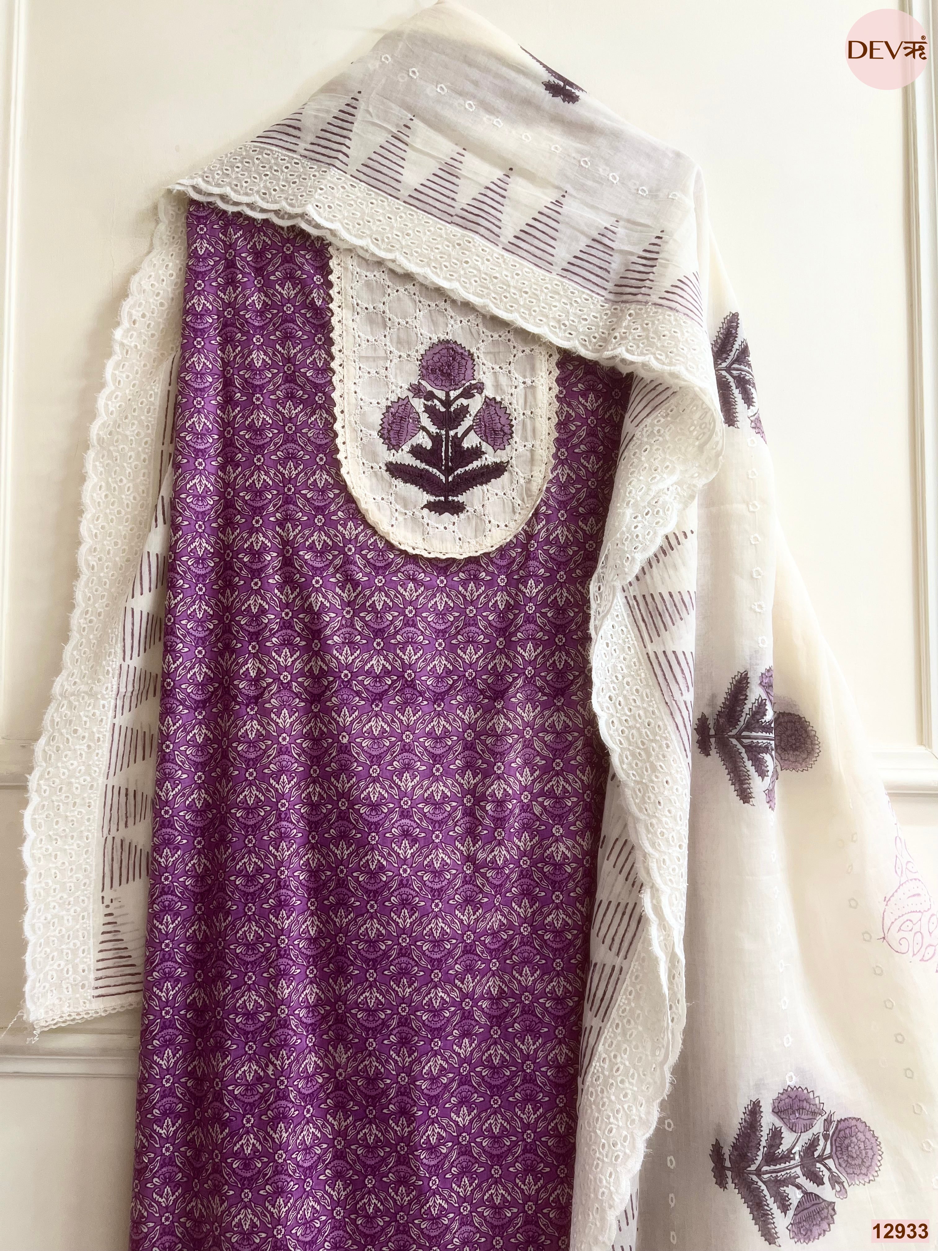 Purple Cotton Printed Unstitched 3-Piece Suit (Devri – D.No 12933)
