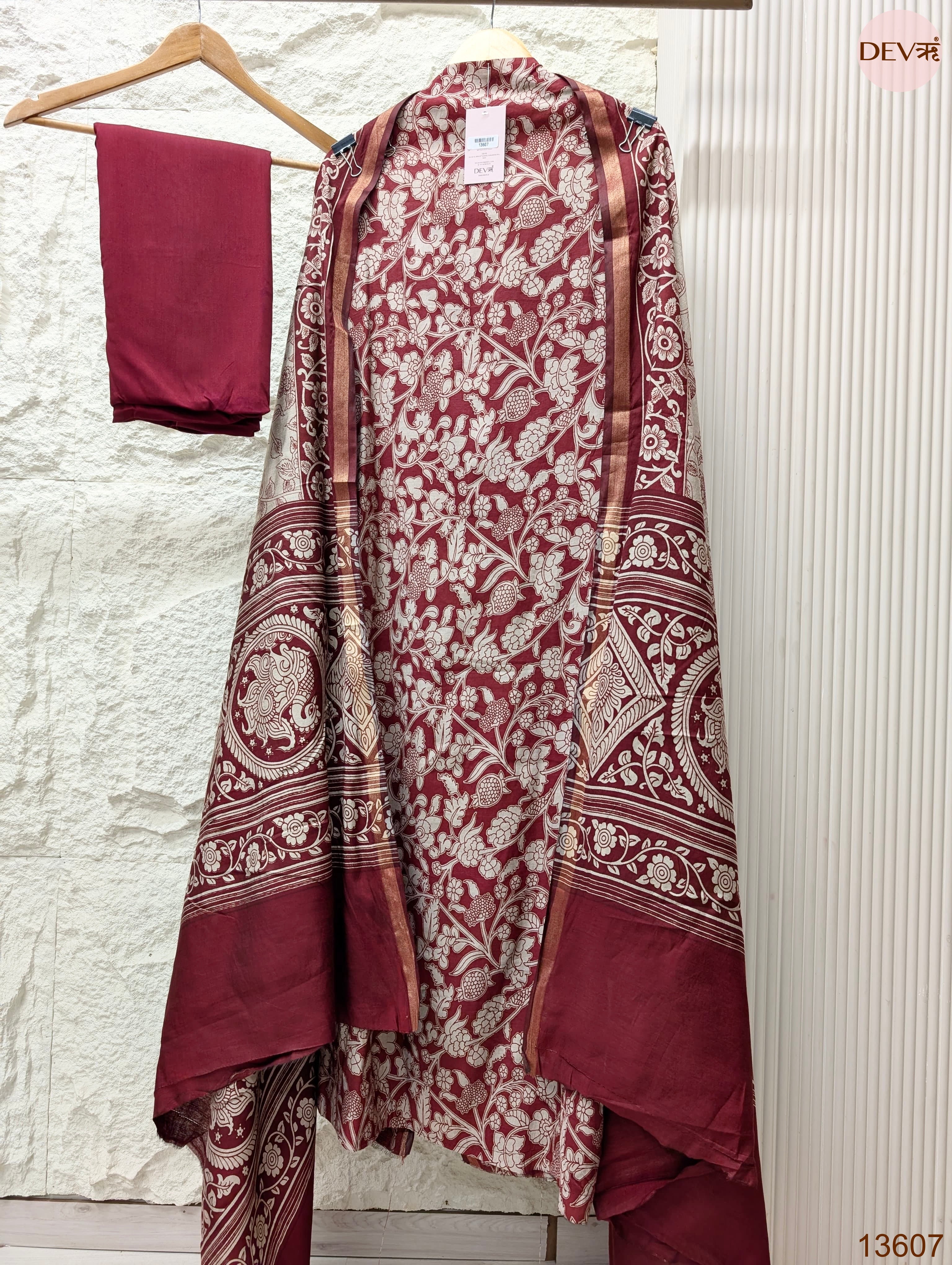 Maroon Maheshwari Silk Printed Unstitched 3-Piece Suit (Devri – D.No 13607)
